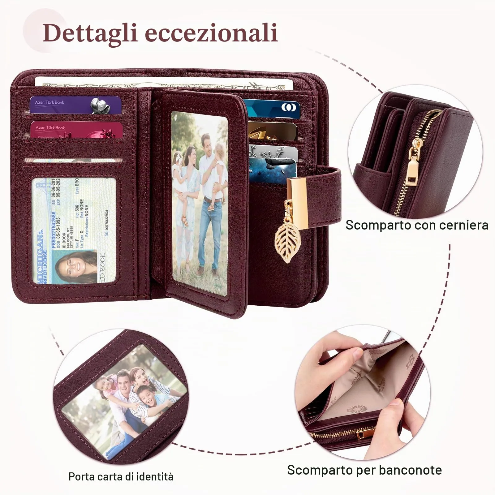 Faneam Portafoglio Donna Piccolo in Pelle con Blocco RFID, Portamonete con Cerniera e Cordino, 14 Scomparti Carte (Borgogna) - immagine 6