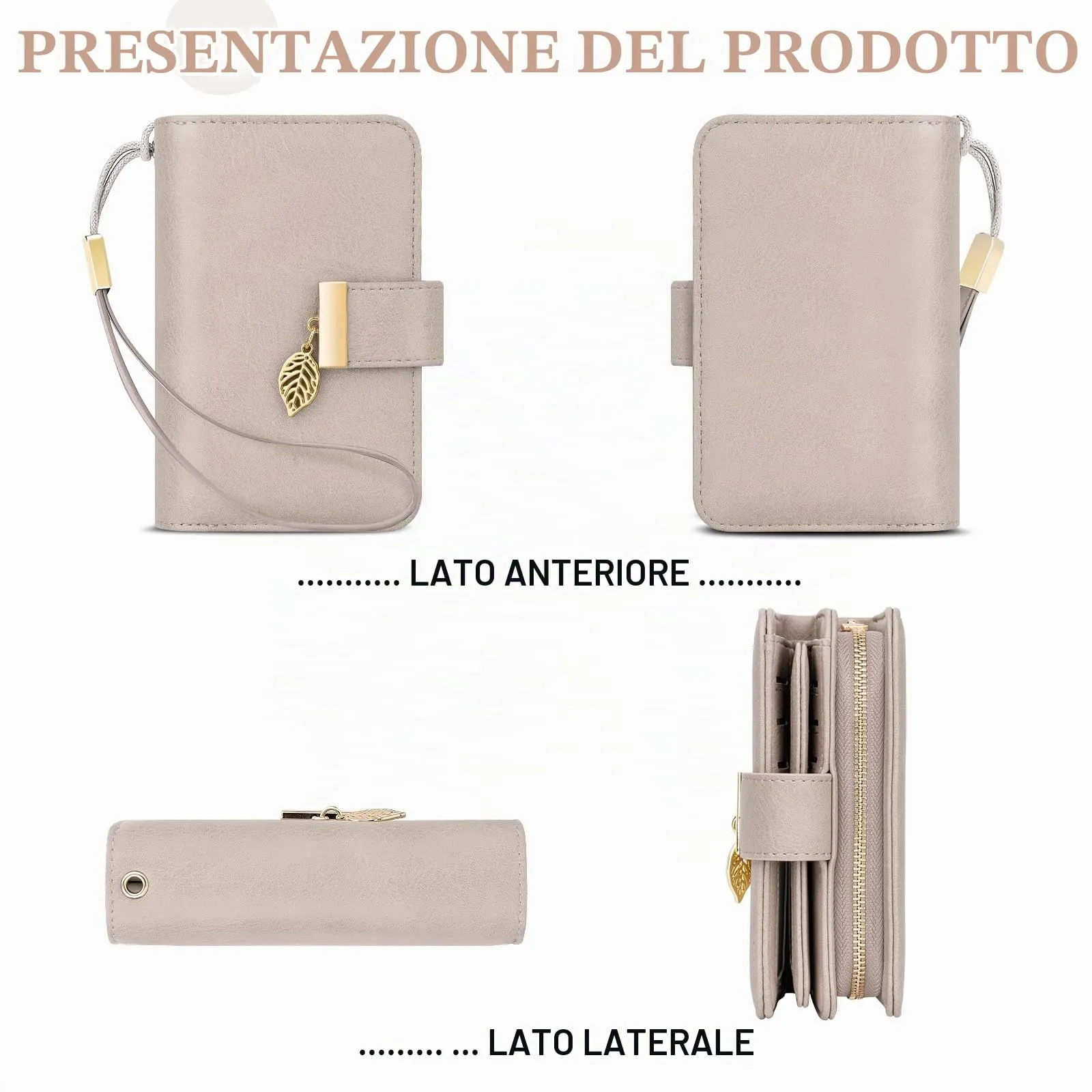 Faneam Portafoglio Donna in Pelle con Blocco RFID, Portamonete con Cerniera e Cordino, 14 Scomparti Carte (Lino) - immagine 2