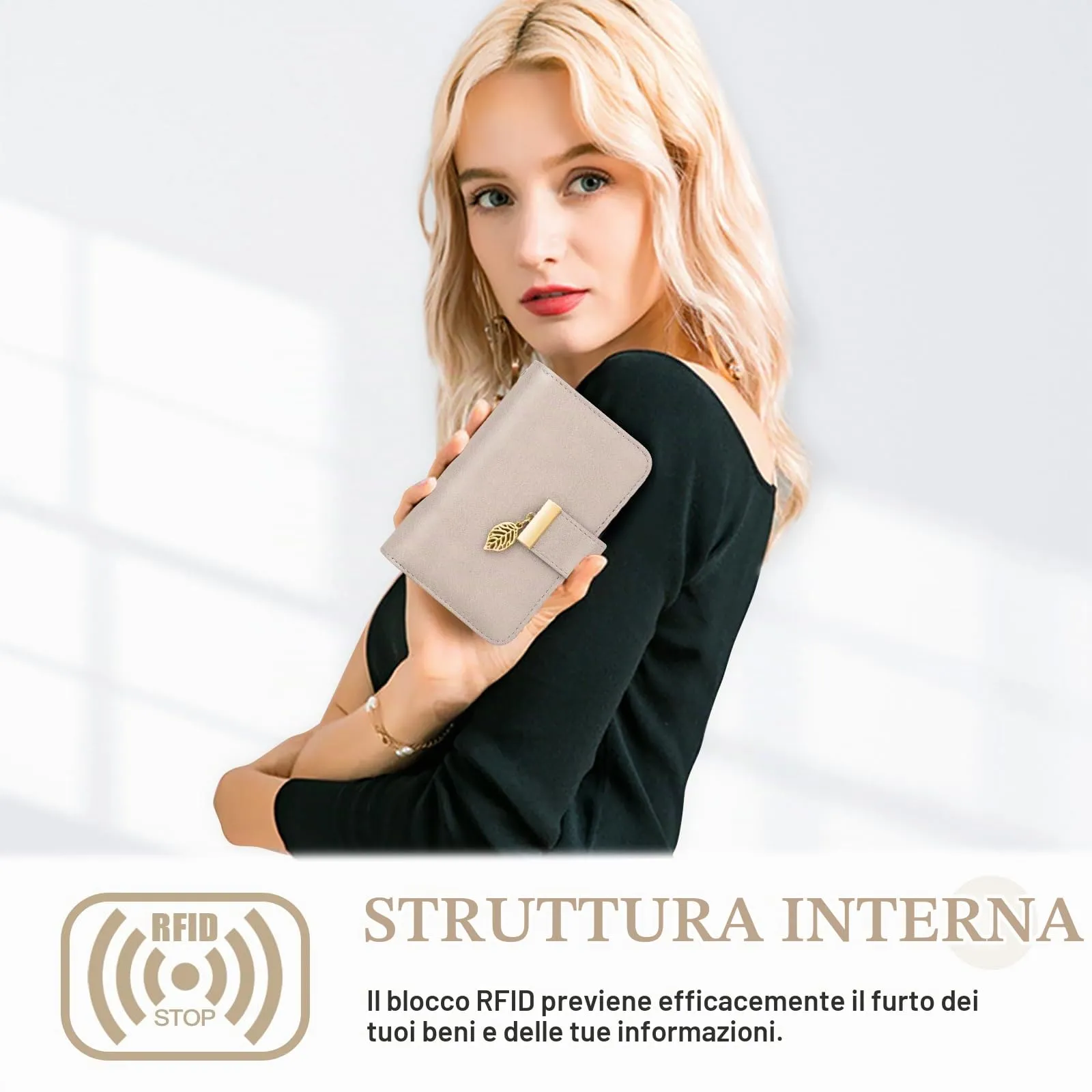 Faneam Portafoglio Donna in Pelle con Blocco RFID, Portamonete con Cerniera e Cordino, 14 Scomparti Carte (Lino) - immagine 3