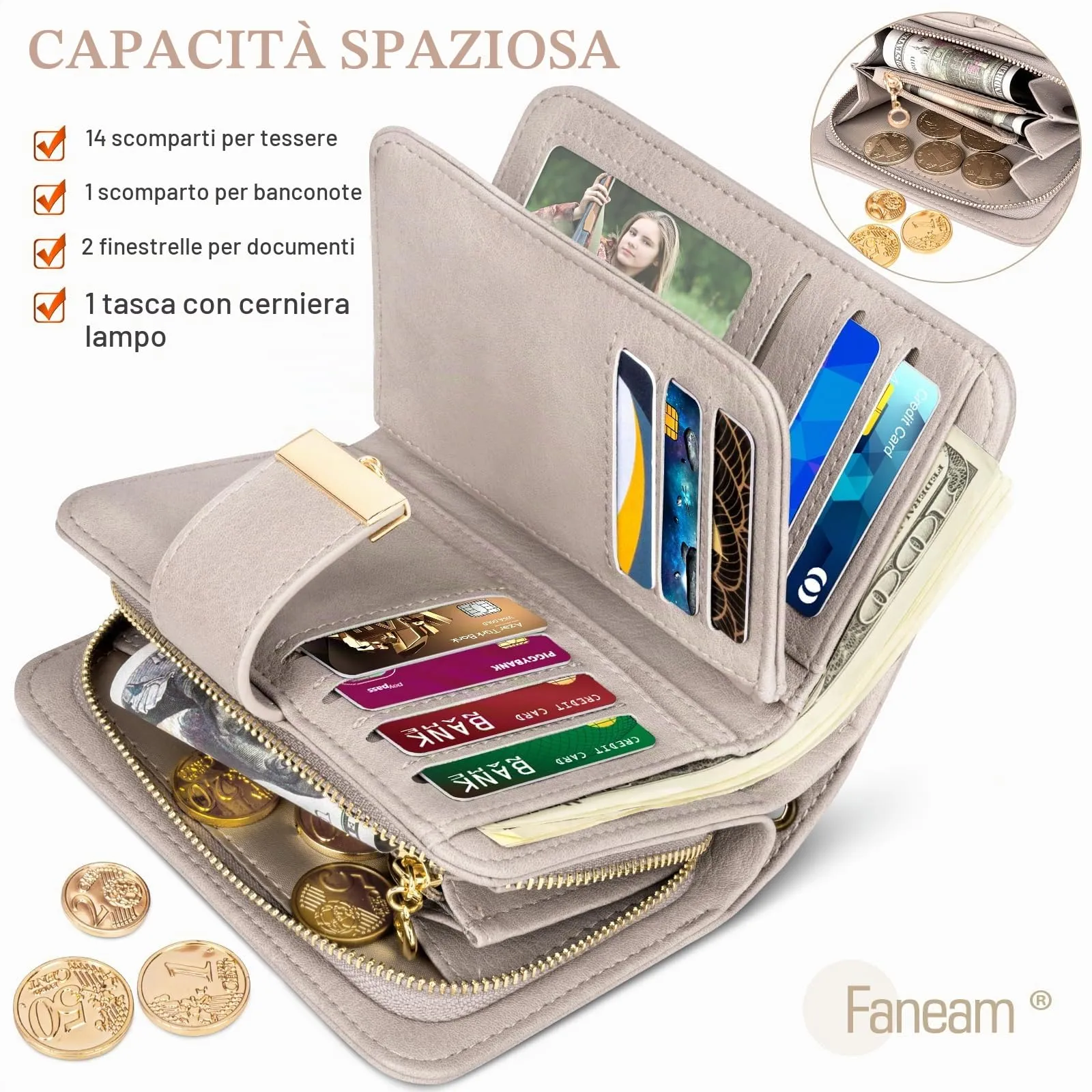 Faneam Portafoglio Donna in Pelle con Blocco RFID, Portamonete con Cerniera e Cordino, 14 Scomparti Carte (Lino) - immagine 4
