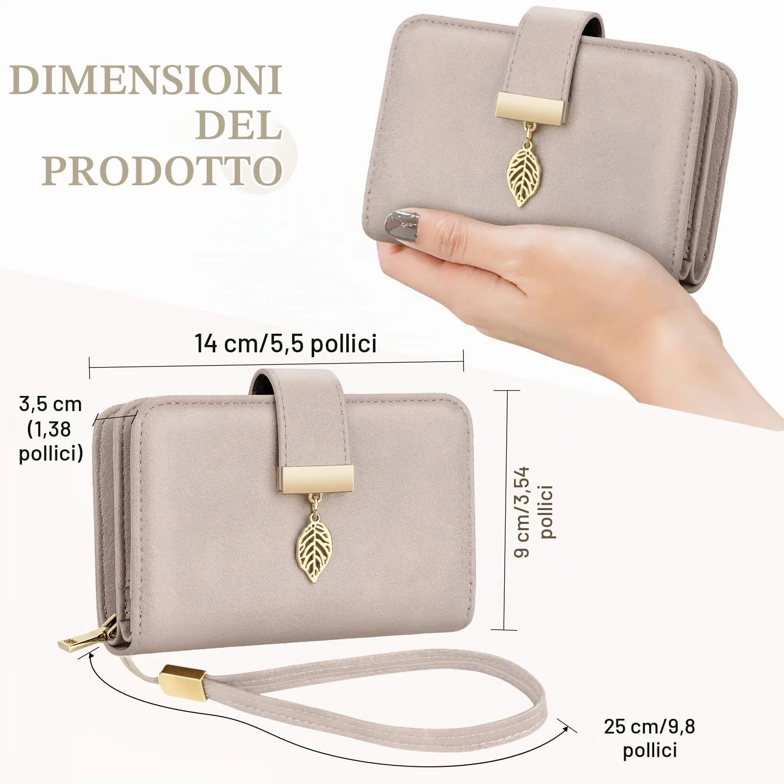 Faneam Portafoglio Donna in Pelle con Blocco RFID, Portamonete con Cerniera e Cordino, 14 Scomparti Carte (Lino) - immagine 5