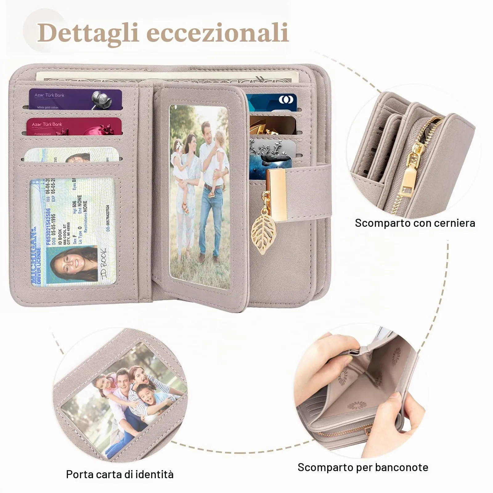 Faneam Portafoglio Donna in Pelle con Blocco RFID, Portamonete con Cerniera e Cordino, 14 Scomparti Carte (Lino) - immagine 6