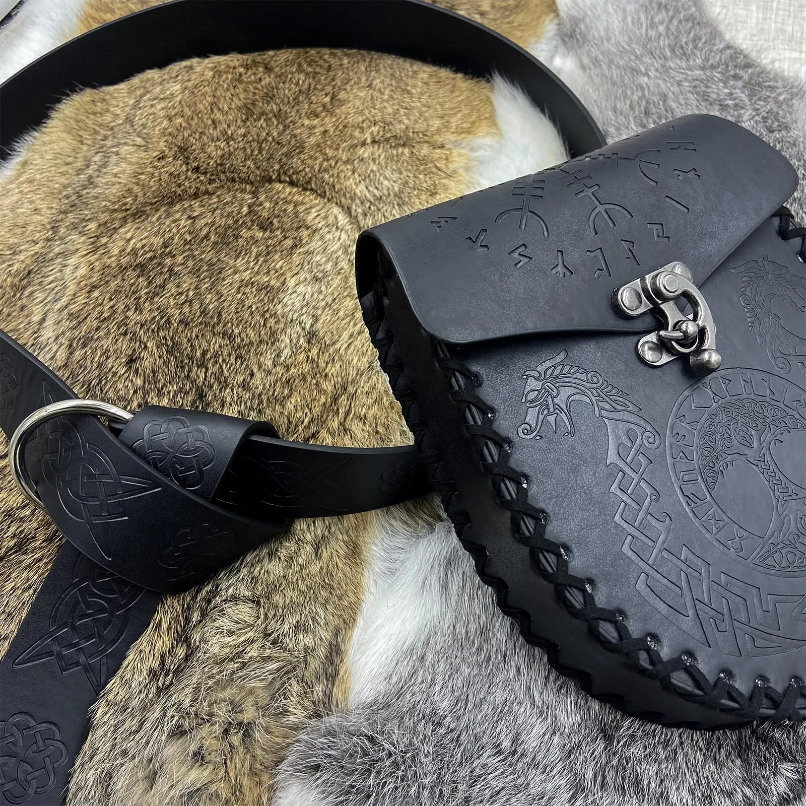 HiiFeuer Cintura e Marsupio Medievale in Finta Pelle Vintage, Nero A - immagine 4