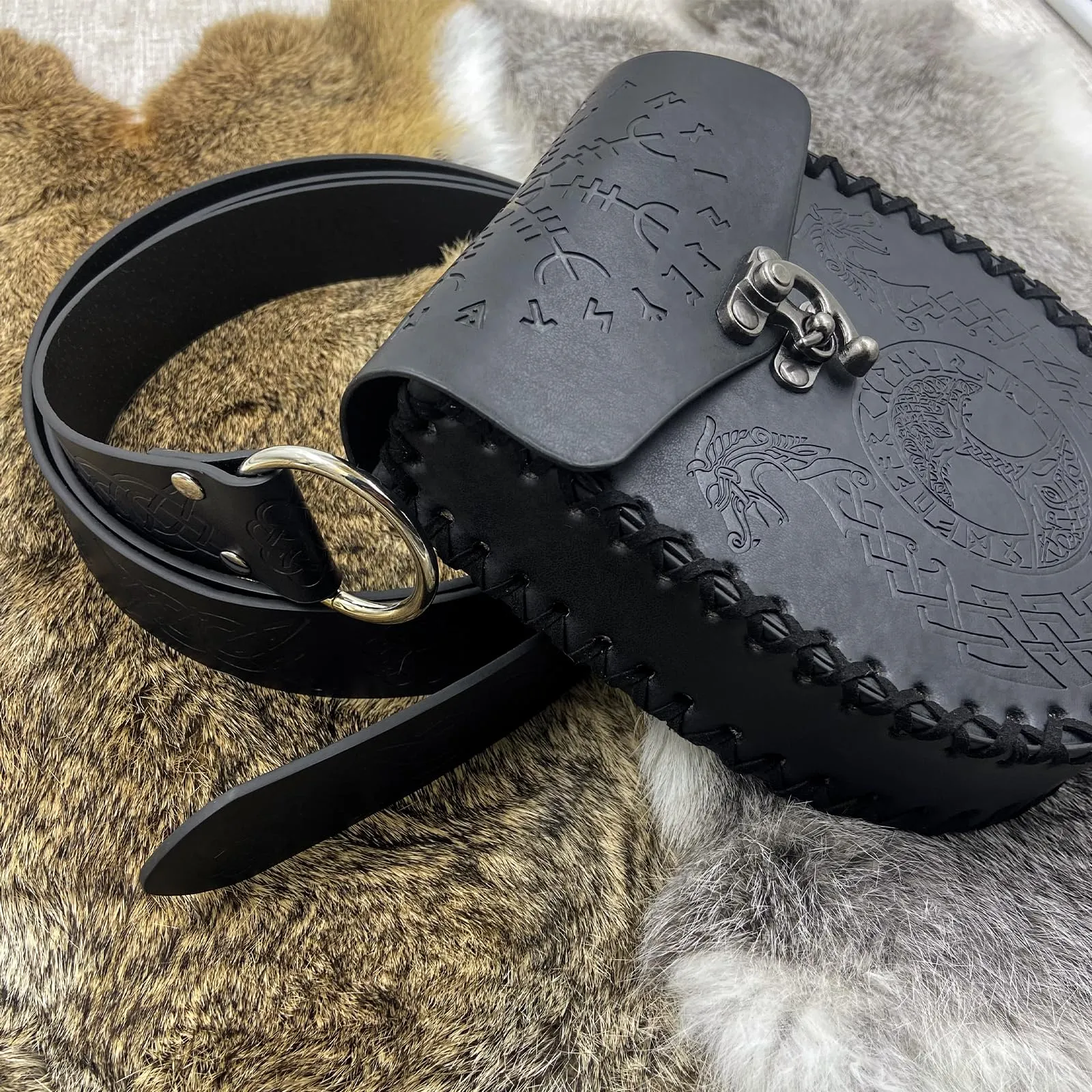 HiiFeuer Cintura e Marsupio Medievale in Finta Pelle Vintage, Nero A - immagine 5
