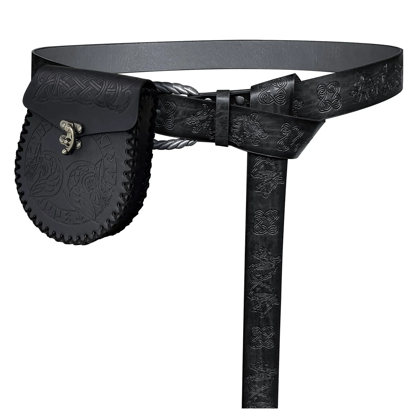 HiiFeuer Cintura con fibbia vichinga Fenrir e borsa in ecopelle vintage per LARP, Nero C - immagine 1