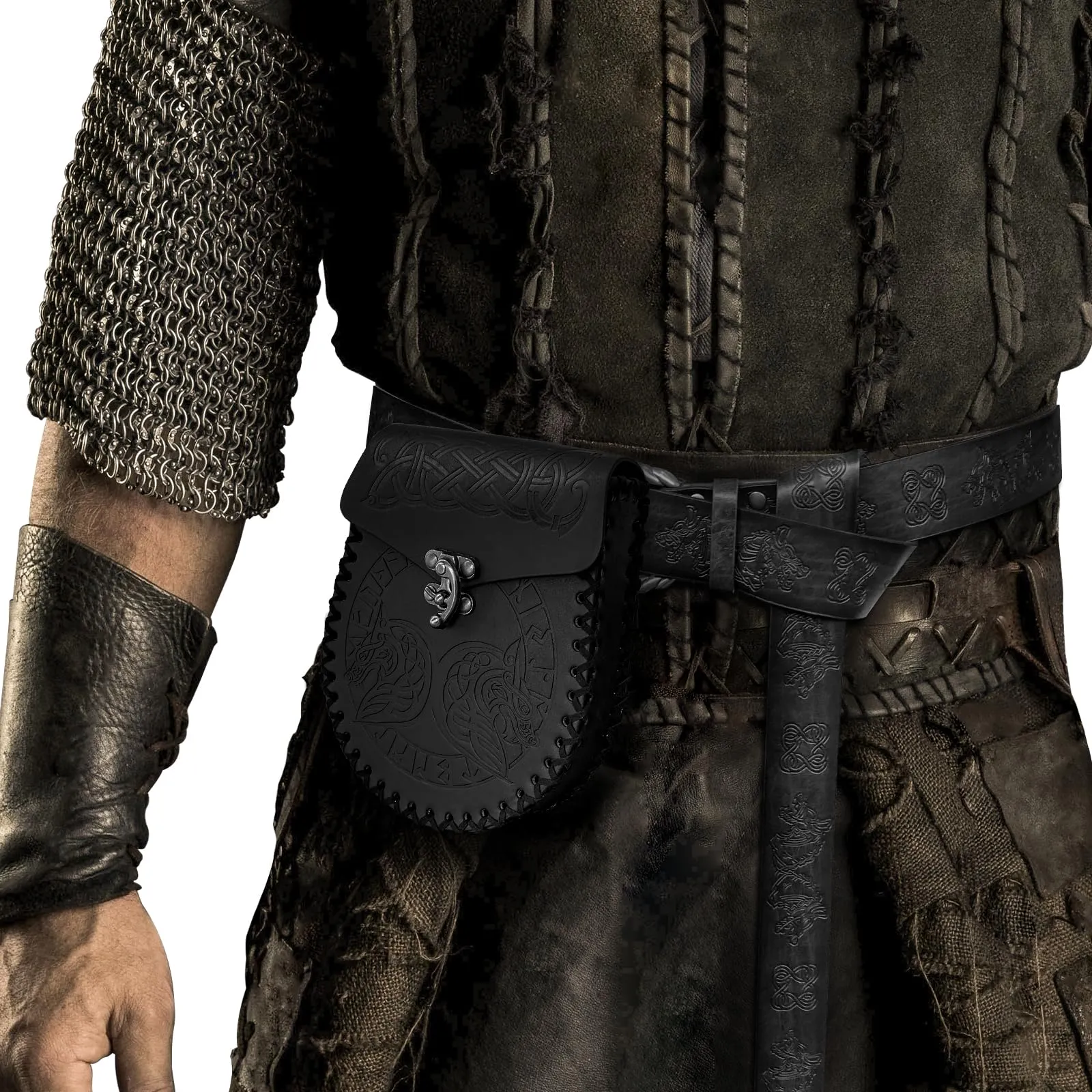 HiiFeuer Cintura con fibbia vichinga Fenrir e borsa in ecopelle vintage per LARP, Nero C - immagine 2