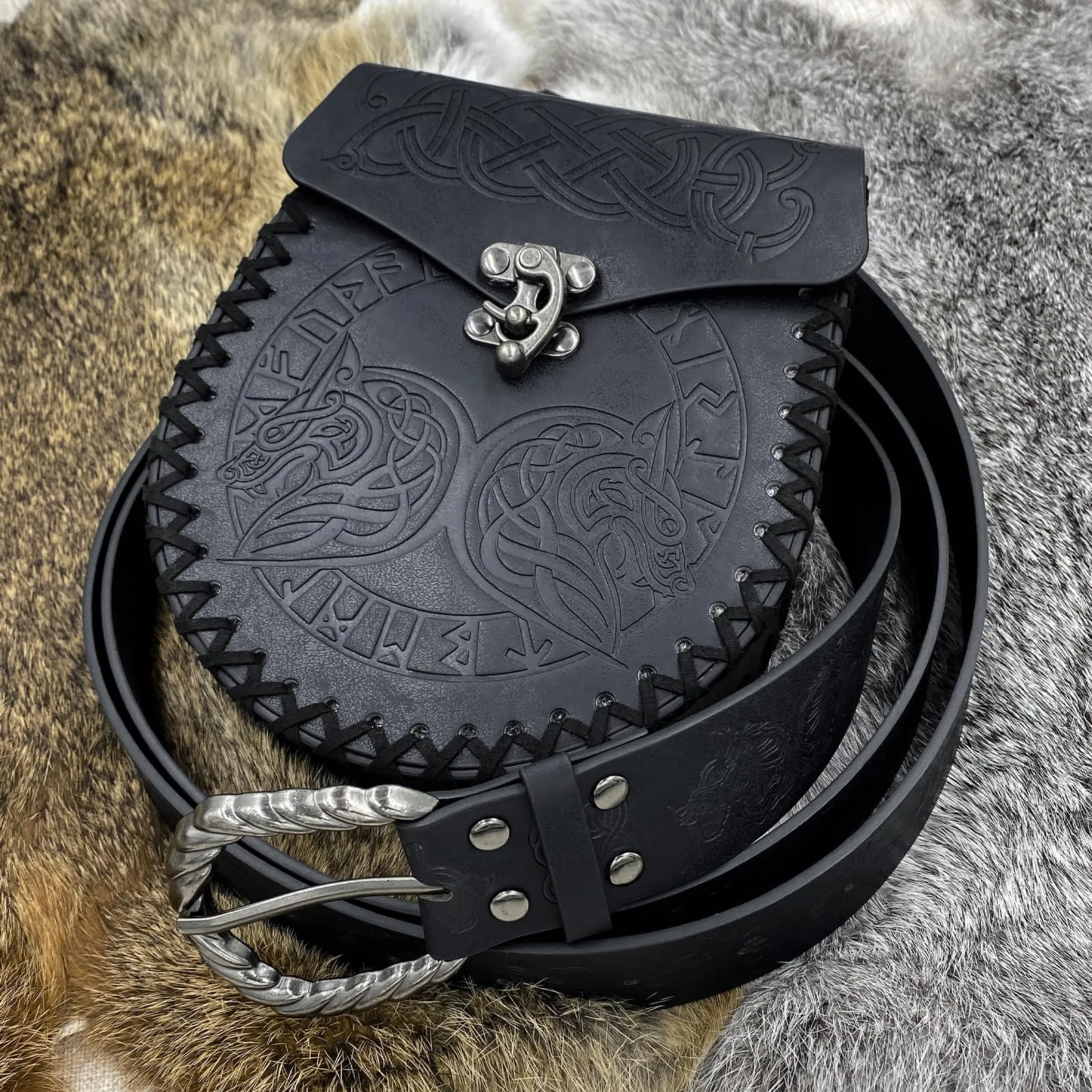 HiiFeuer Cintura con fibbia vichinga Fenrir e borsa in ecopelle vintage per LARP, Nero C - immagine 3