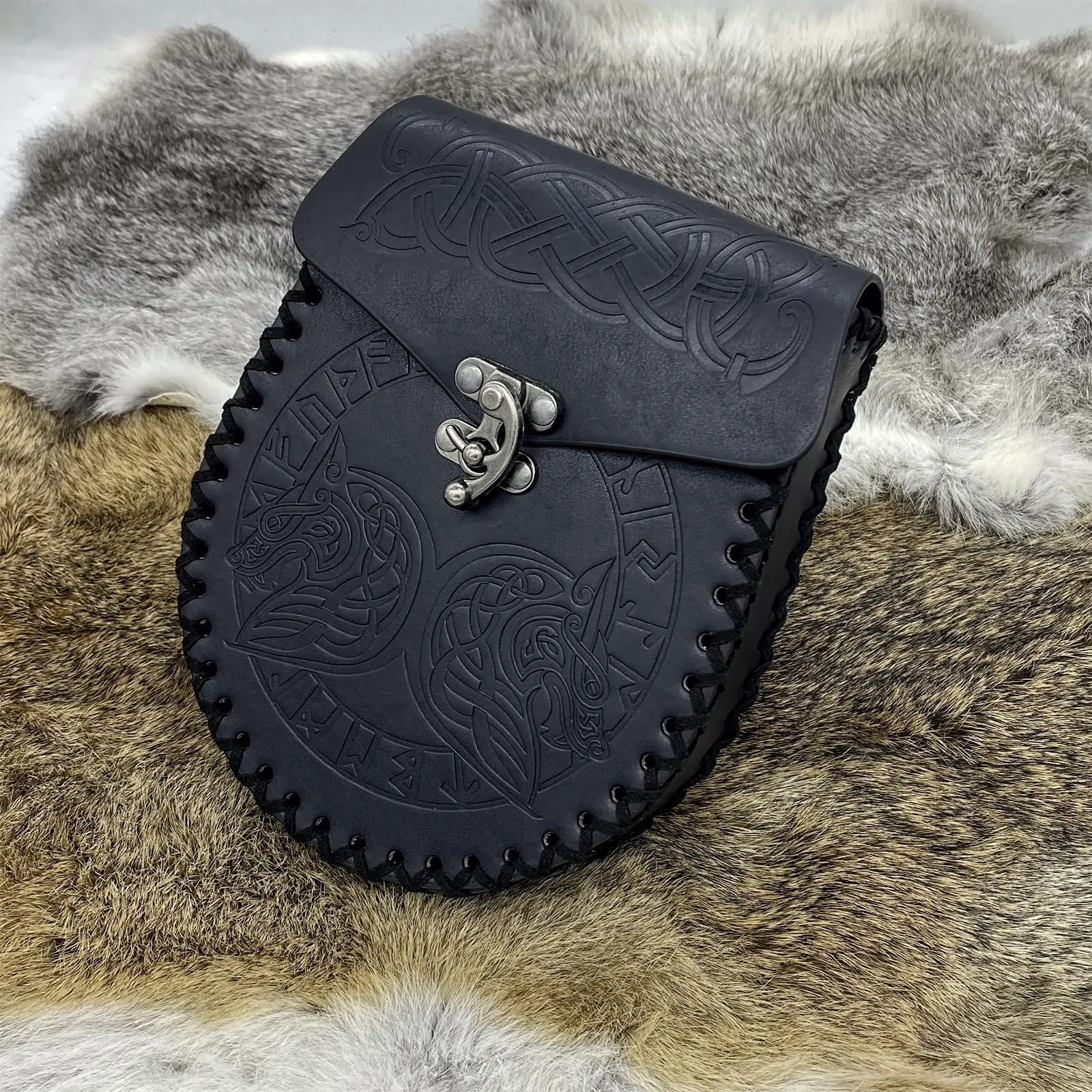 HiiFeuer Cintura con fibbia vichinga Fenrir e borsa in ecopelle vintage per LARP, Nero C - immagine 4