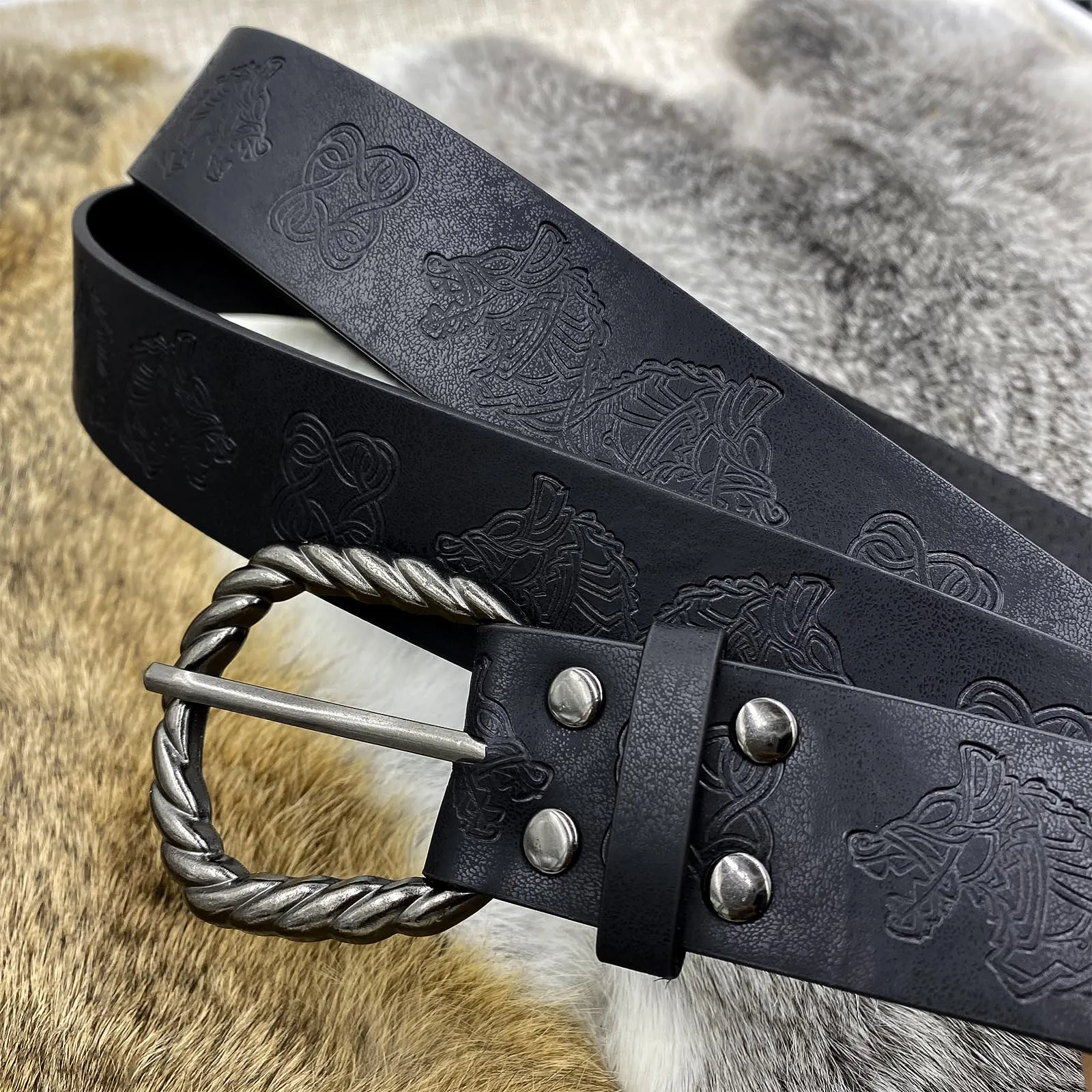 HiiFeuer Cintura con fibbia vichinga Fenrir e borsa in ecopelle vintage per LARP, Nero C - immagine 5
