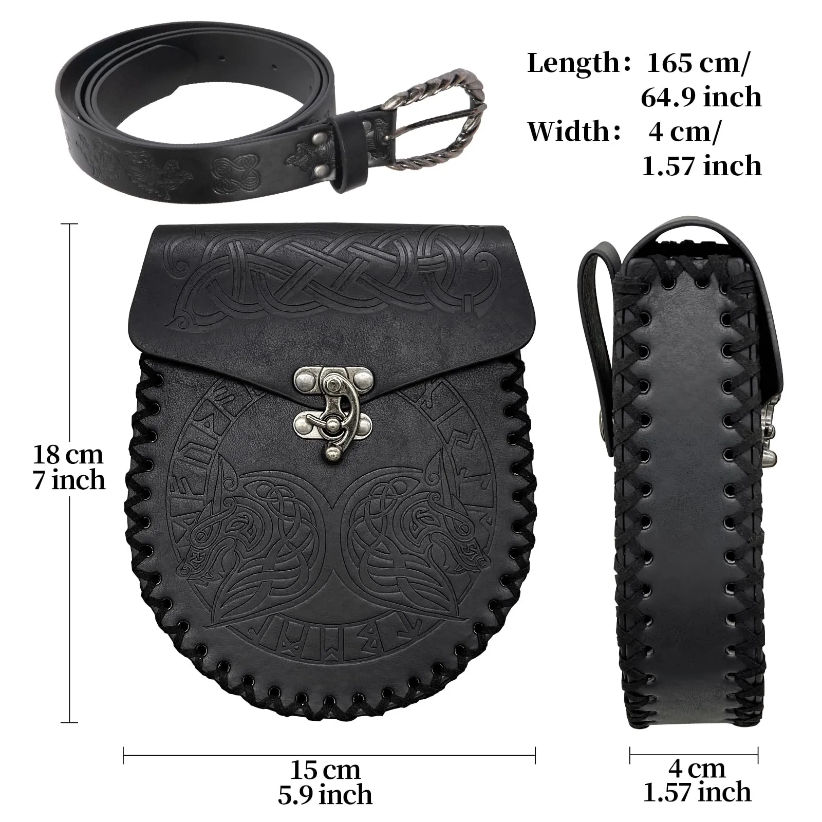 HiiFeuer Cintura con fibbia vichinga Fenrir e borsa in ecopelle vintage per LARP, Nero C - immagine 6