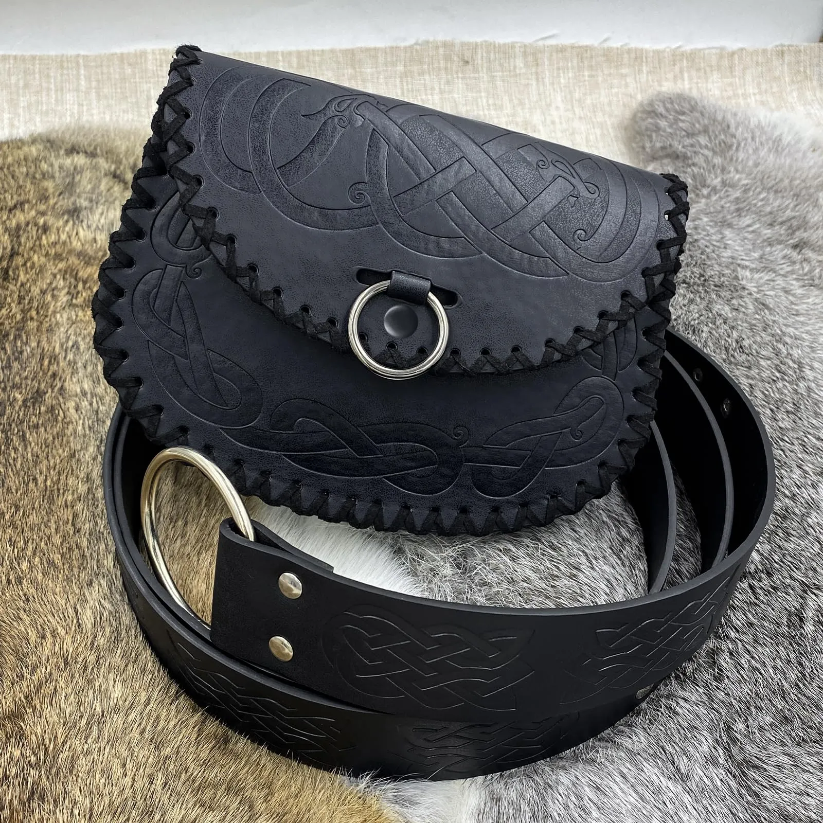 HiiFeuer Cintura Medievale con Borsa Vichinga in Ecopelle Vintage, Nero B - immagine 3