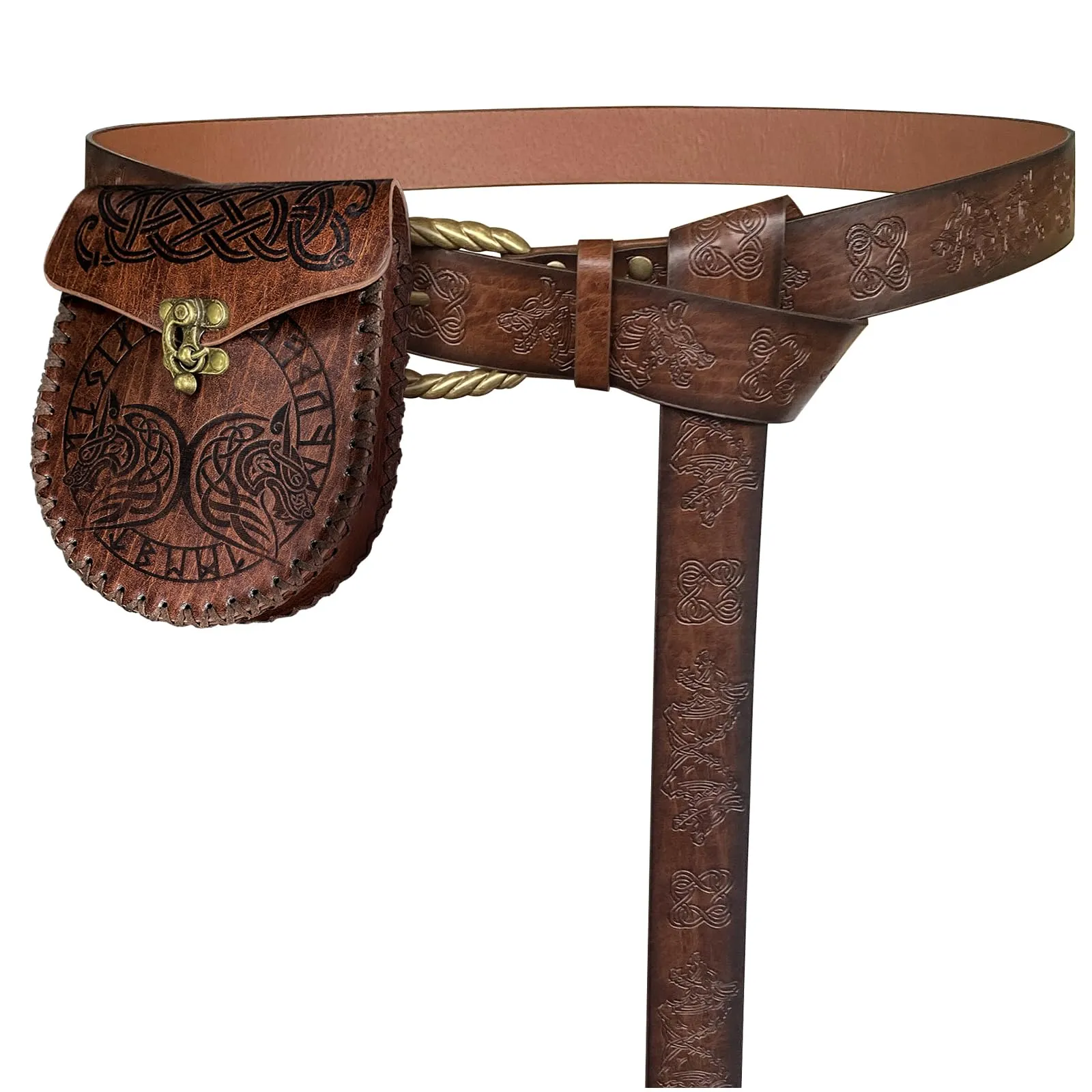 HiiFeuer Cintura Vikinga in Pelle Sintetica Vintage con Fibbia Fenrir e Borsa Nordic, Set per LARP (Marrone C) - immagine 1