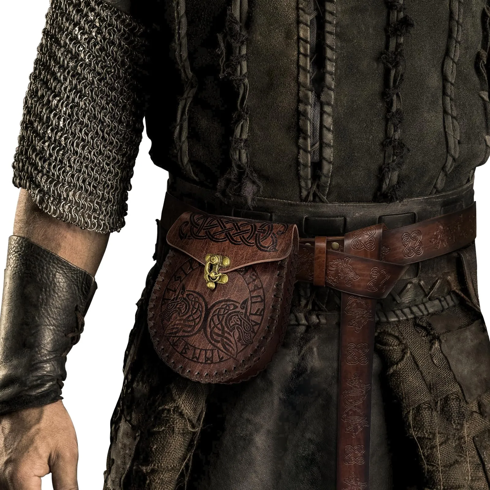 HiiFeuer Cintura Vikinga in Pelle Sintetica Vintage con Fibbia Fenrir e Borsa Nordic, Set per LARP (Marrone C) - immagine 2