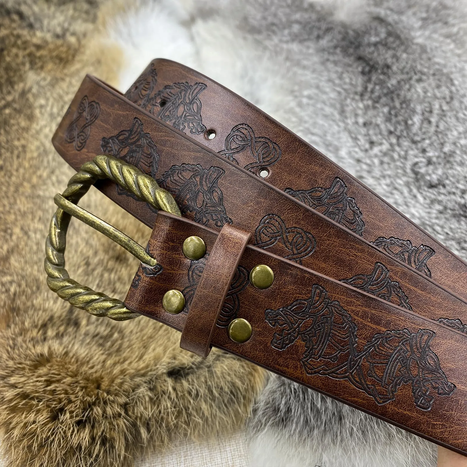 HiiFeuer Cintura Vikinga in Pelle Sintetica Vintage con Fibbia Fenrir e Borsa Nordic, Set per LARP (Marrone C) - immagine 5