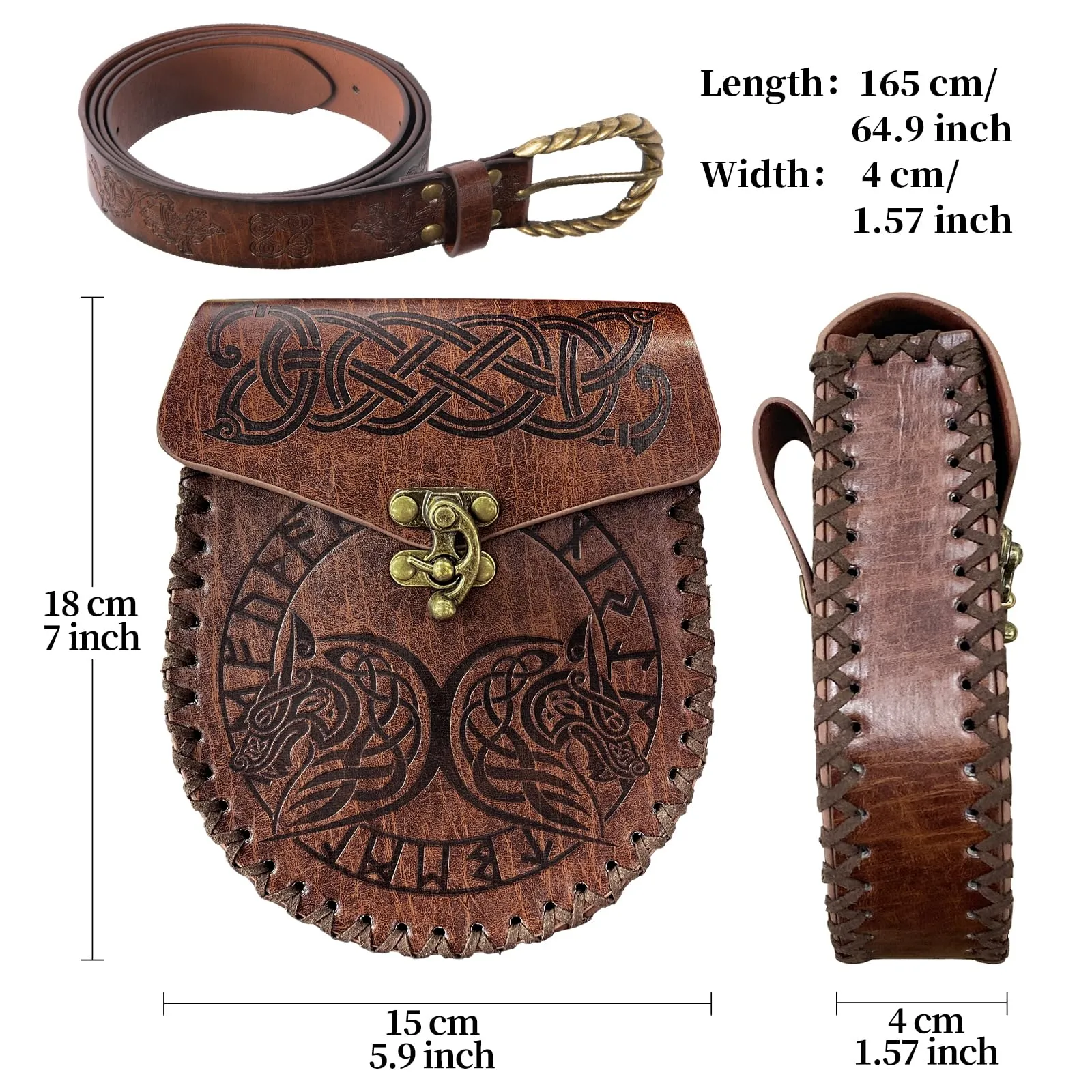 HiiFeuer Cintura Vikinga in Pelle Sintetica Vintage con Fibbia Fenrir e Borsa Nordic, Set per LARP (Marrone C) - immagine 6