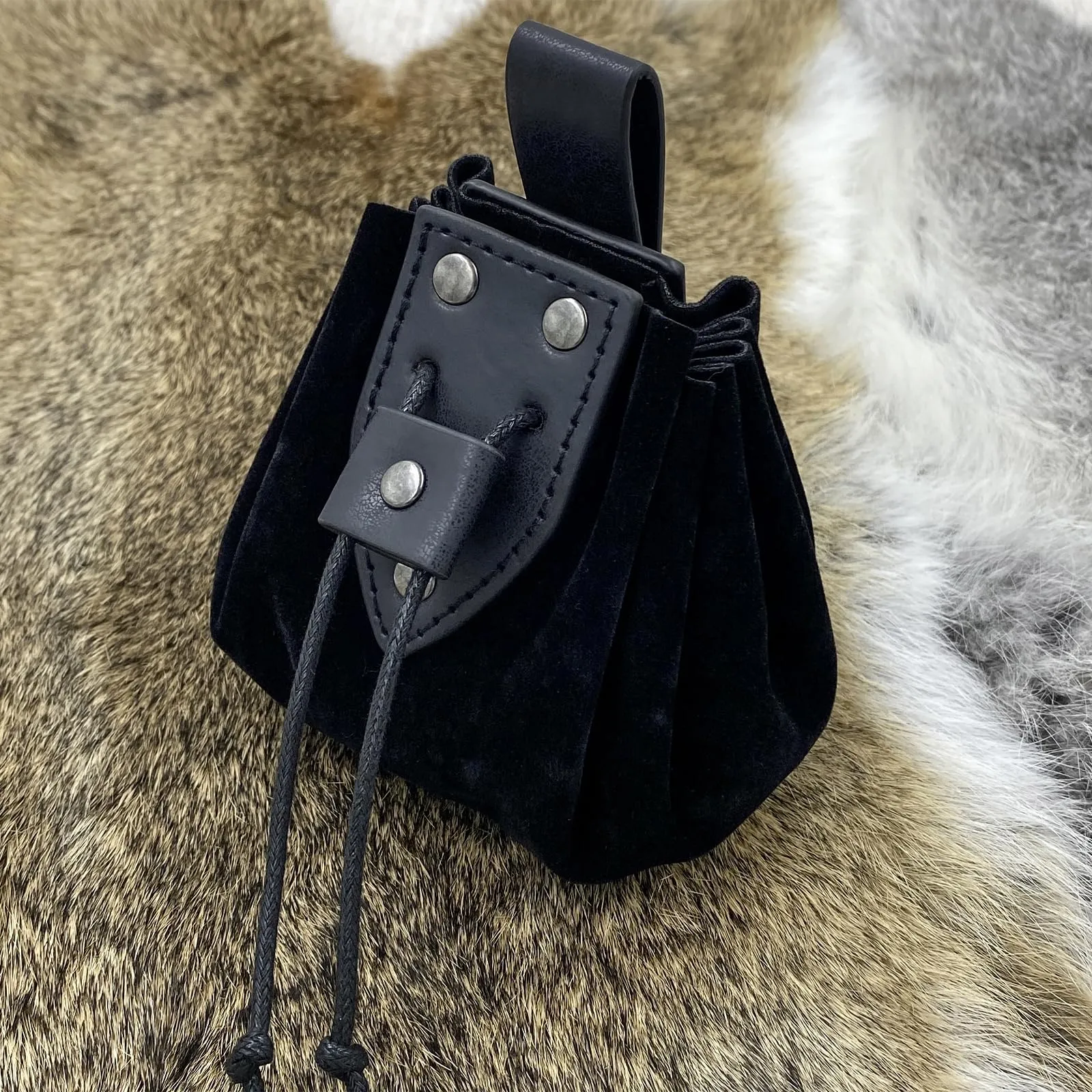 HiiFeuer Cintura con Fibbia Vichinga Fenrir e Borsa per Cintura Nordica in Ecopelle Vintage per LARP, Nero D - immagine 3