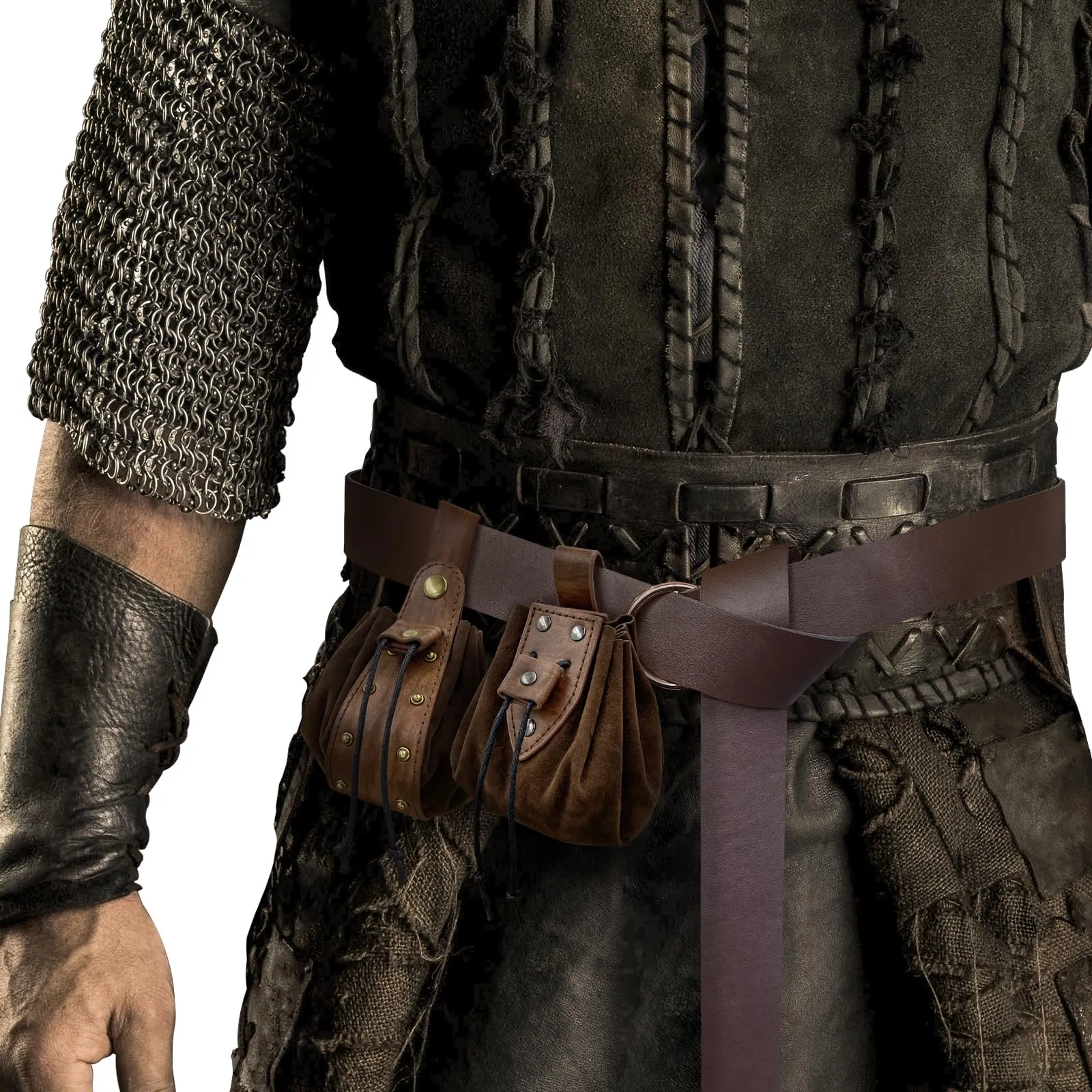 HiiFeuer Cintura con fibbia vichinga Fenrir e borsa nordica in ecopelle vintage per LARP, Marrone D - immagine 2