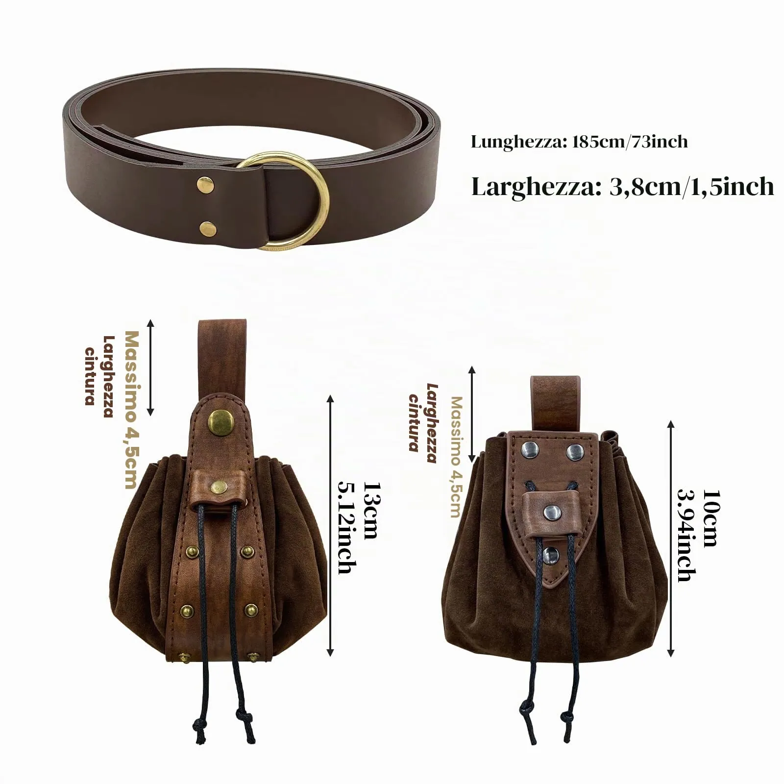 HiiFeuer Cintura con fibbia vichinga Fenrir e borsa nordica in ecopelle vintage per LARP, Marrone D - immagine 6