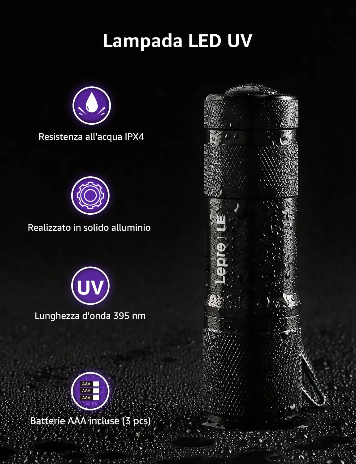 Lepro Torcia UV LED 395nm, 2 Pezzi, Luce Nera Portatile con Batterie AAA Incluse - immagine 4