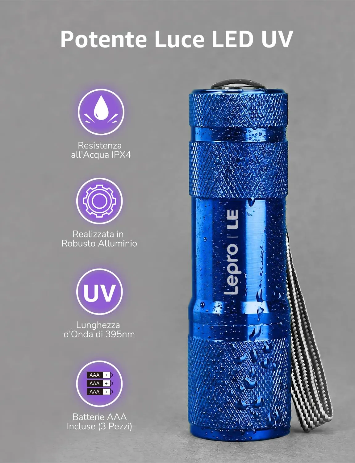 Lepro Torcia UV LED 395nm Portatile Luce Nera Blu, 3 Batterie AAA Incluse - immagine 5
