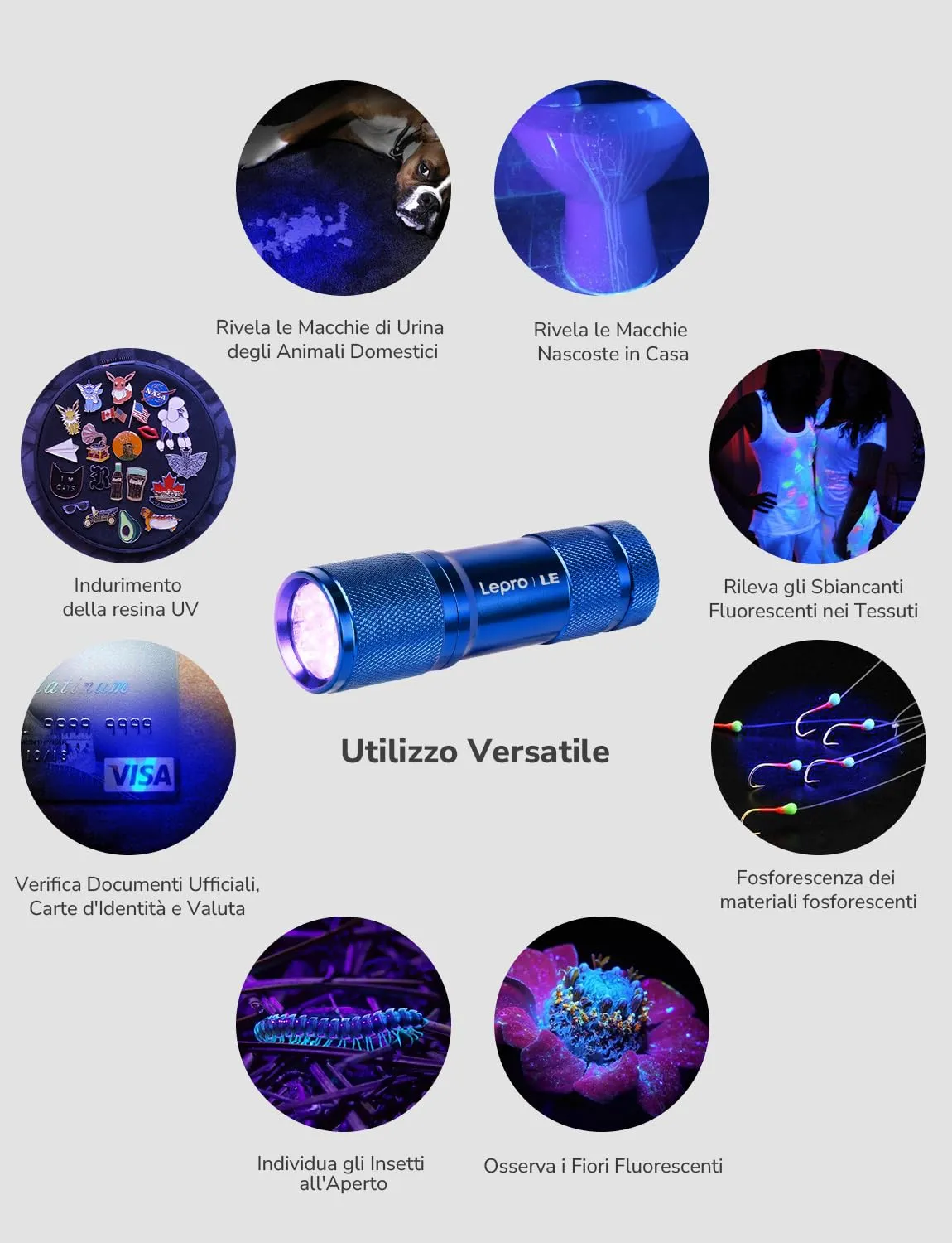 Lepro Torcia UV LED 395nm Portatile Luce Nera Blu, 3 Batterie AAA Incluse - immagine 7