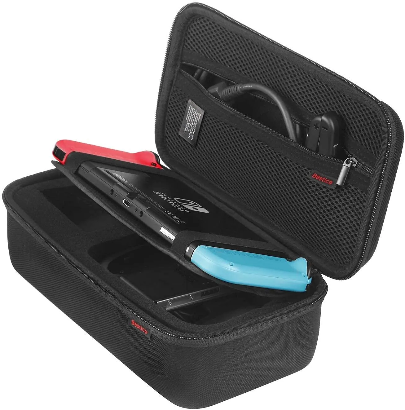 Bestico Custodia per Nintendo Switch e Switch OLED, Case da viaggio per Console, 10 Giochi, Alimentatore CA, Cavo HDMI, Joycon Strap e Grip - immagine 1