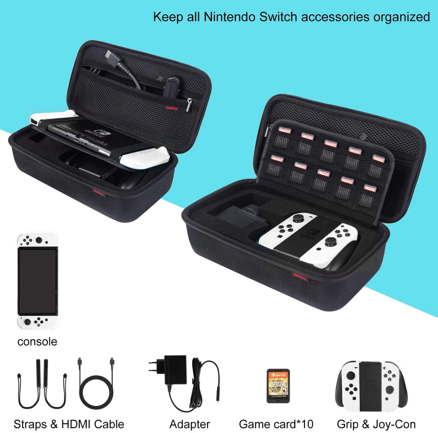Bestico Custodia per Nintendo Switch e Switch OLED, Case da viaggio per Console, 10 Giochi, Alimentatore CA, Cavo HDMI, Joycon Strap e Grip - immagine 2