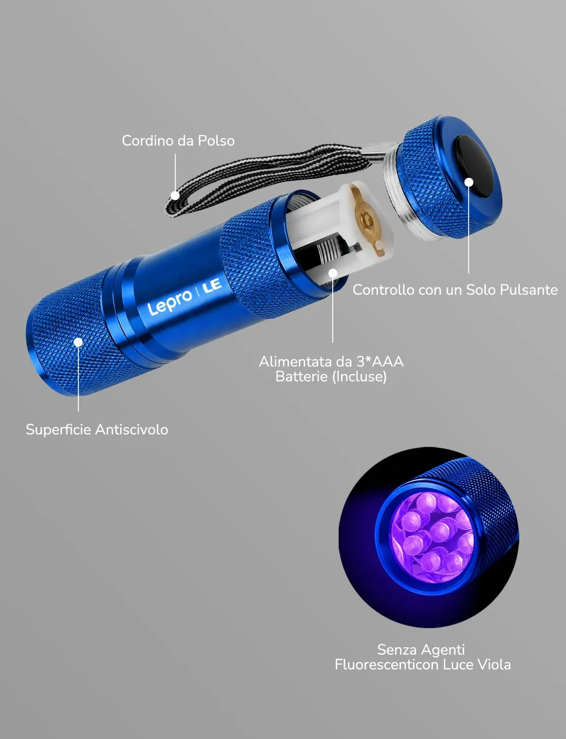 Lepro Torcia UV LED 395nm, 2 Pezzi, Blu, 6 Batterie AAA Incluse - immagine 7