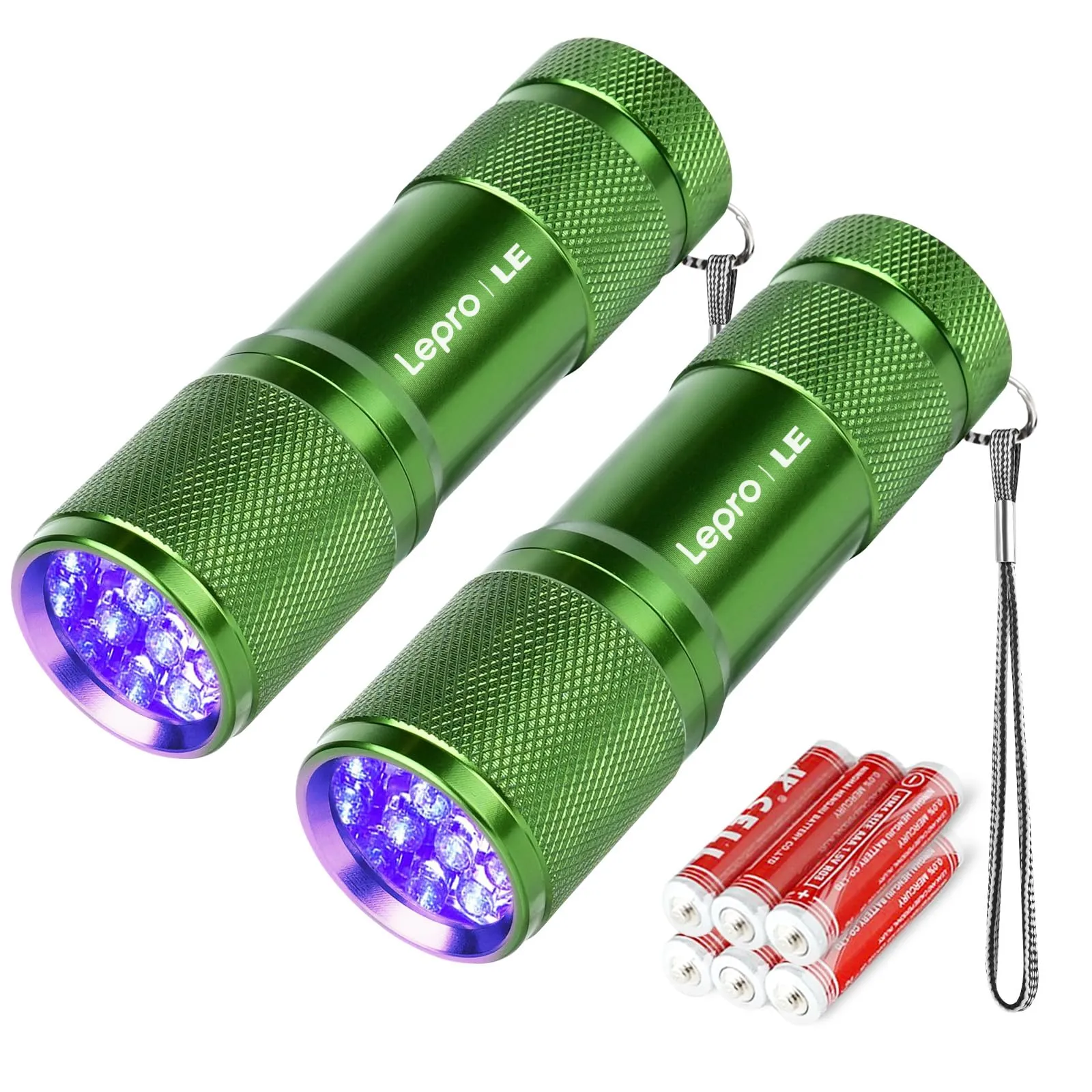 Lepro Torcia UV LED 395nm, 2 Pezzi, Verde, 6 Batterie AAA Incluse - immagine 1