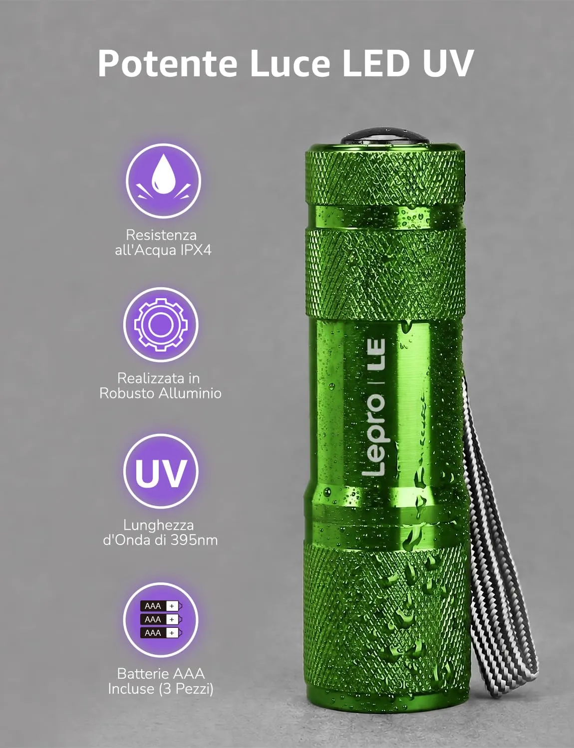 Lepro Torcia UV LED 395nm, 2 Pezzi, Verde, 6 Batterie AAA Incluse - immagine 5