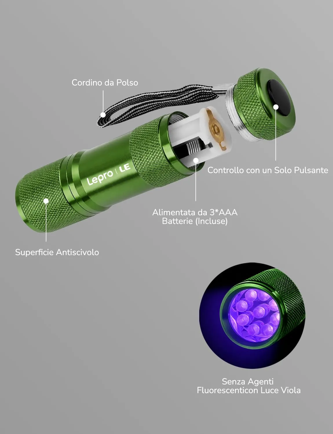 Lepro Torcia UV LED 395nm, 2 Pezzi, Verde, 6 Batterie AAA Incluse - immagine 8