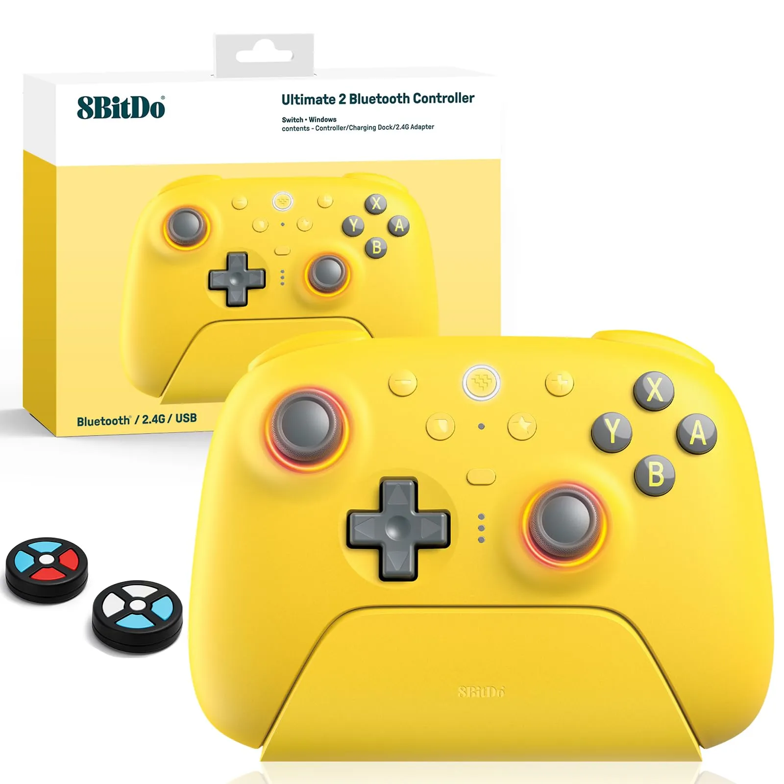 8Bitdo Ultimate 2 Bluetooth Controller for Switch 2, Switch, PC Windows - TMR Joysticks, RGB Fire Ring, Hall Effect Tactile Triggers, Yellow - immagine 1