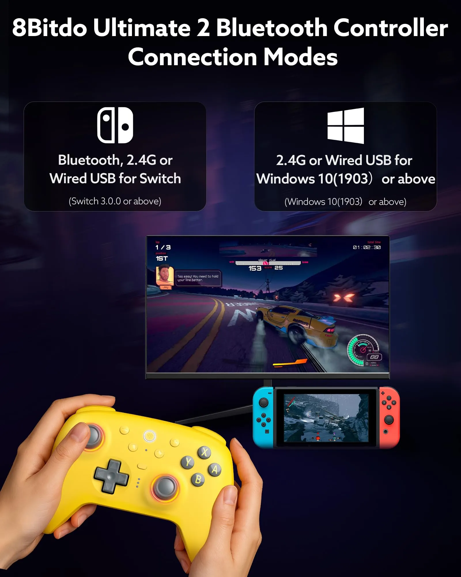 8Bitdo Ultimate 2 Bluetooth Controller for Switch 2, Switch, PC Windows - TMR Joysticks, RGB Fire Ring, Hall Effect Tactile Triggers, Yellow - immagine 6