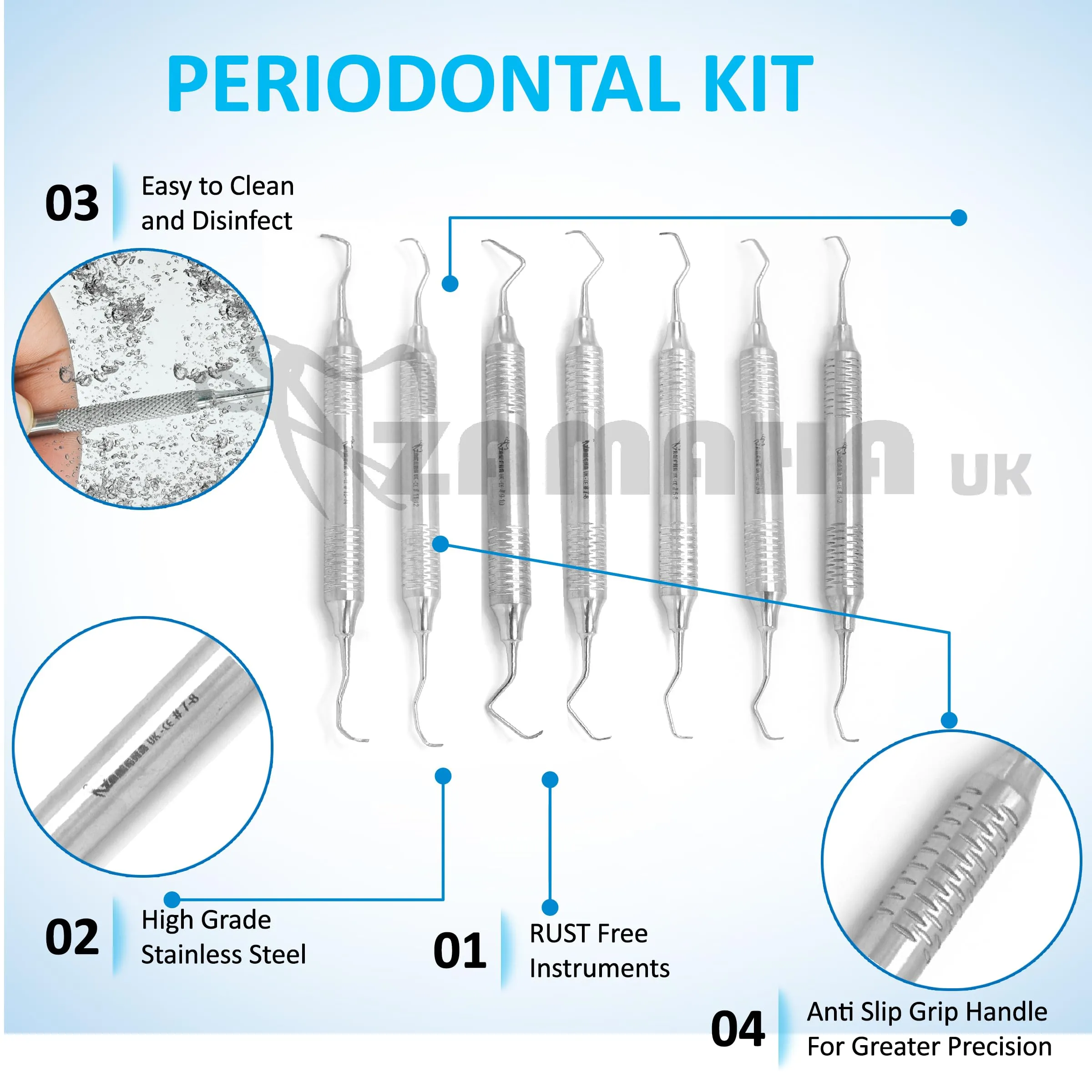 ZAMAHA UK Dental Gracey Student Practice Kit, Stainless Steel Dental Lab Set, 7 Pieces with Synthetic Leather Case - immagine 3