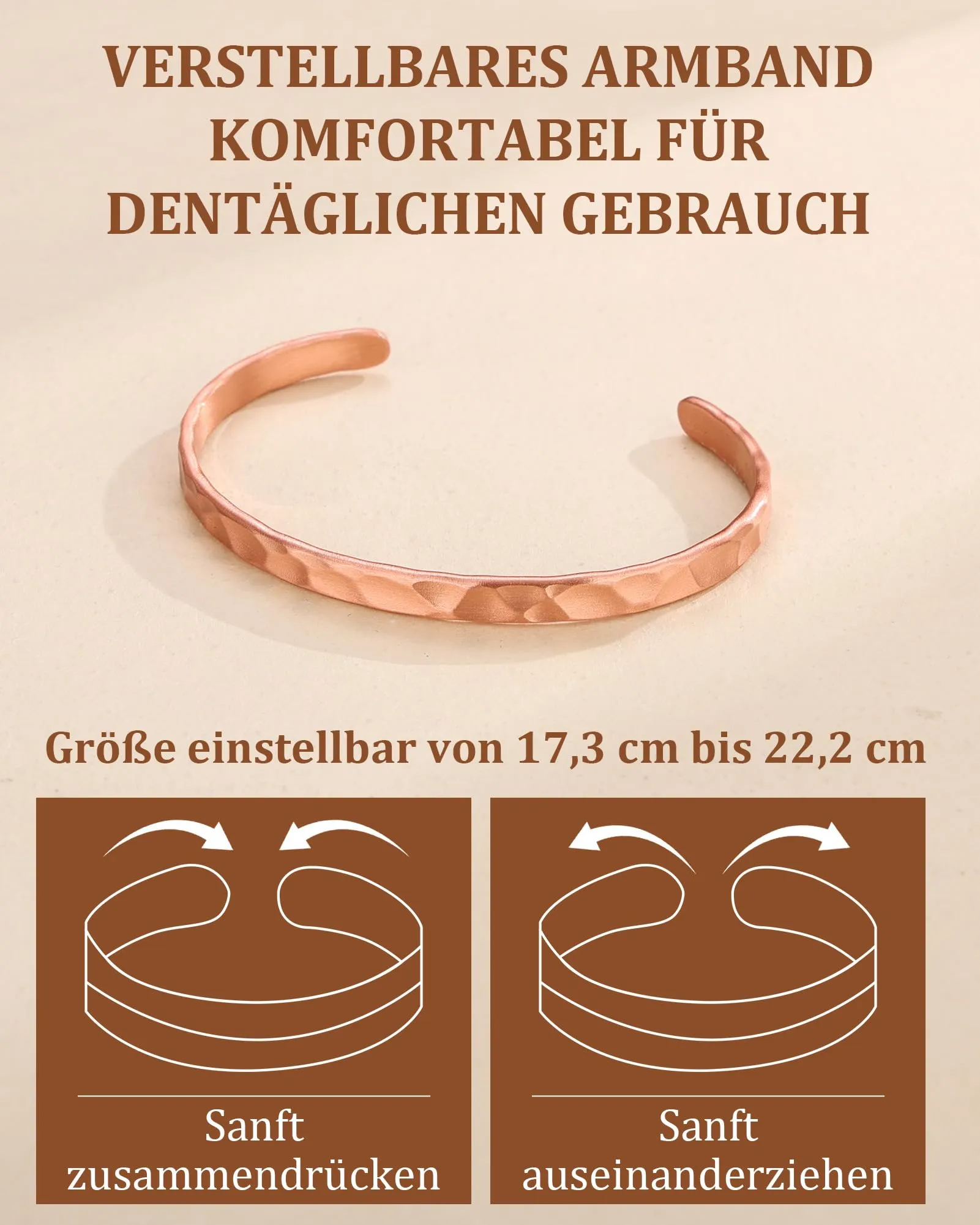 BioMag Bracciale da donna in rame puro martellato fatto a mano, Taglia unica - immagine 4