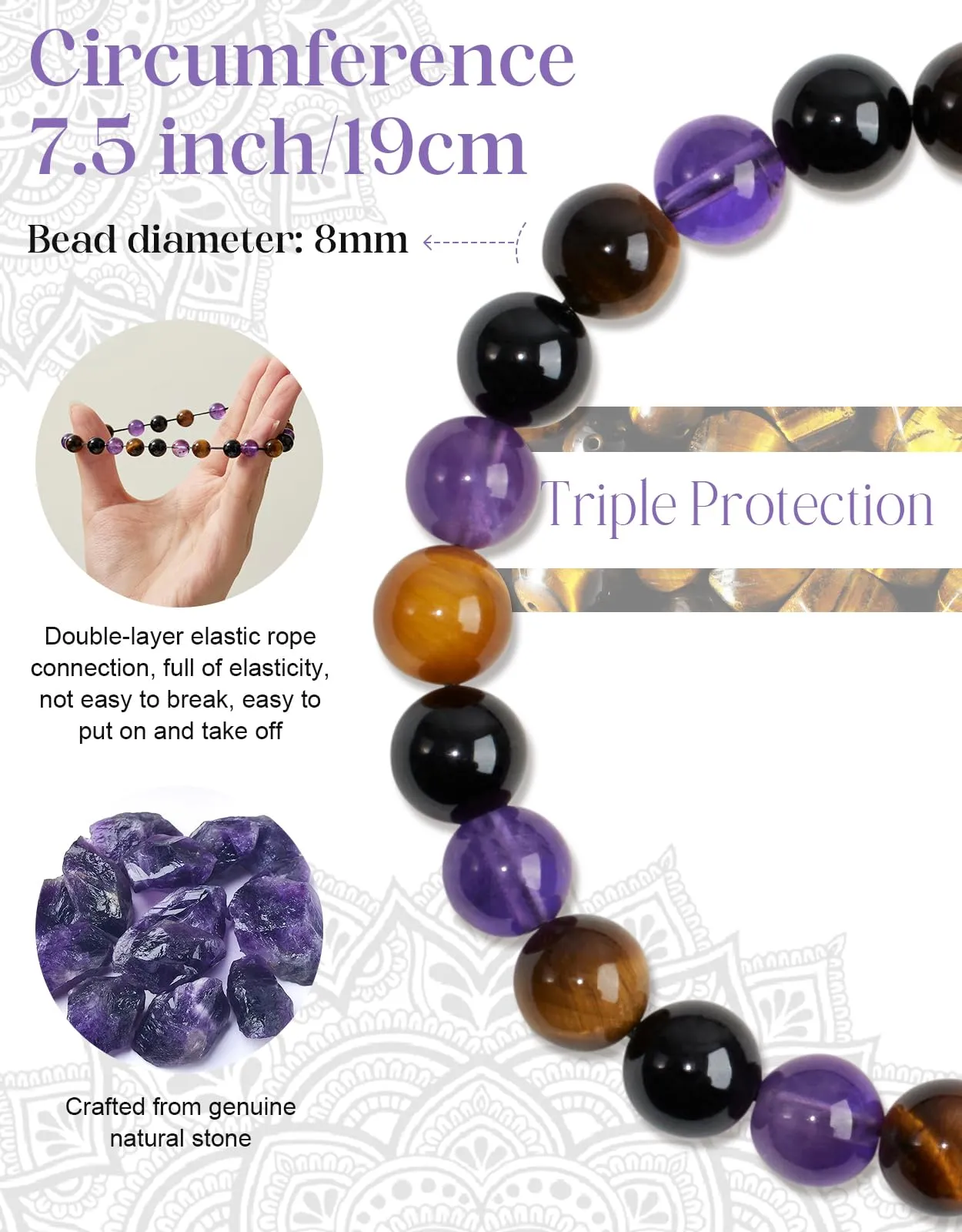 Landorilo Bracciale in Pietre Naturali per Donna, Tormalina, Occhio di Tigre, Ematite - immagine 4