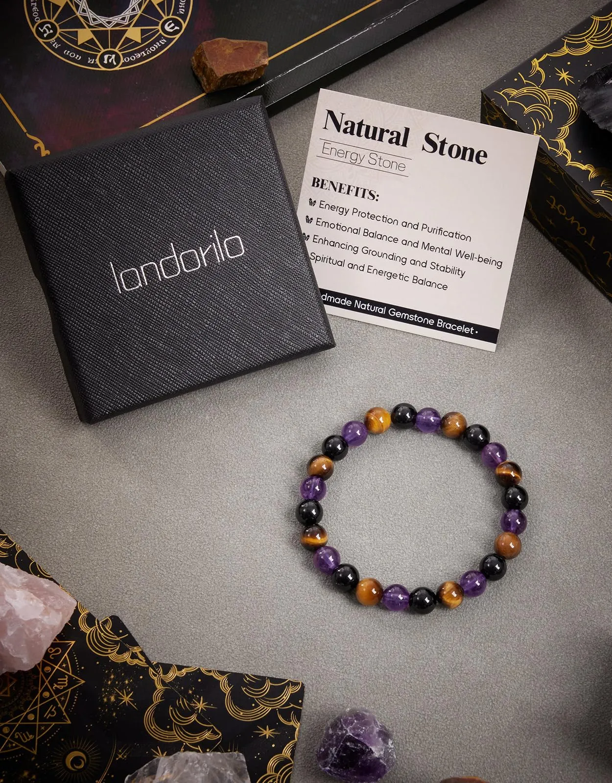 Landorilo Bracciale in Pietre Naturali per Donna, Tormalina, Occhio di Tigre, Ematite - immagine 5