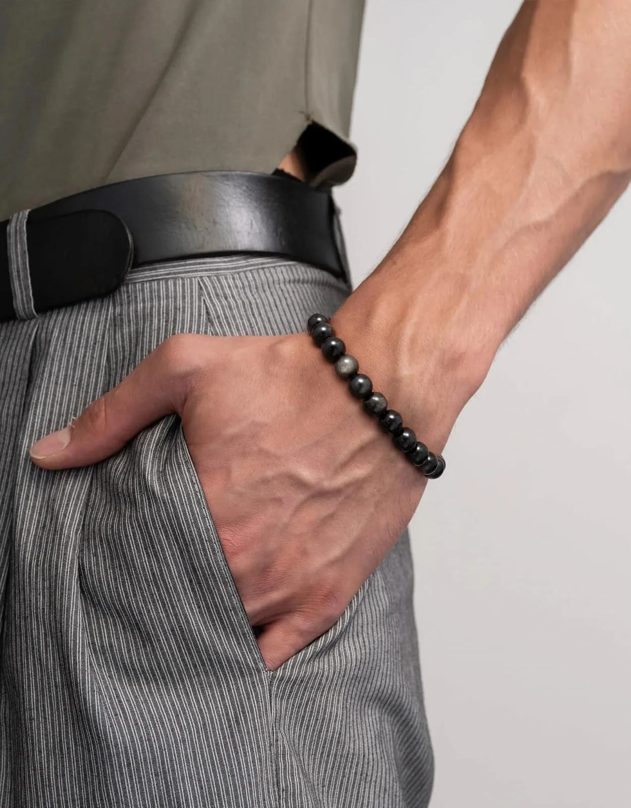 Landorilo Bracciale in Pietre Naturali Ossidiana Argentata per Donna e Uomo - immagine 2
