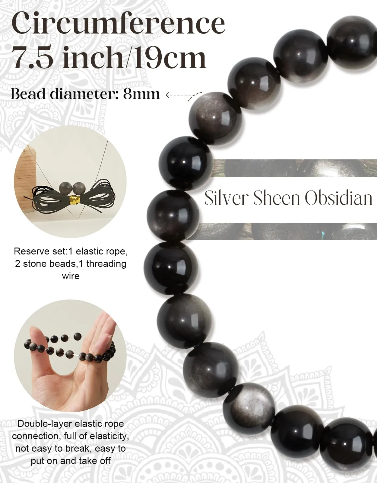 Landorilo Bracciale in Pietre Naturali Ossidiana Argentata per Donna e Uomo - immagine 4