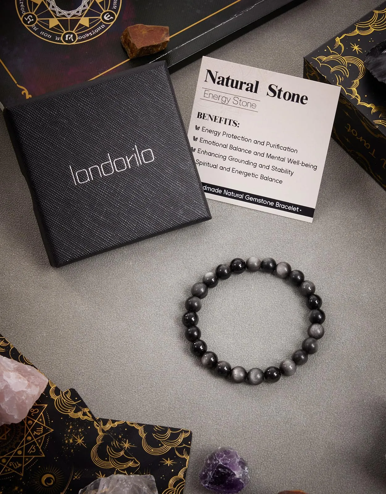 Landorilo Bracciale in Pietre Naturali Ossidiana Argentata per Donna e Uomo - immagine 5