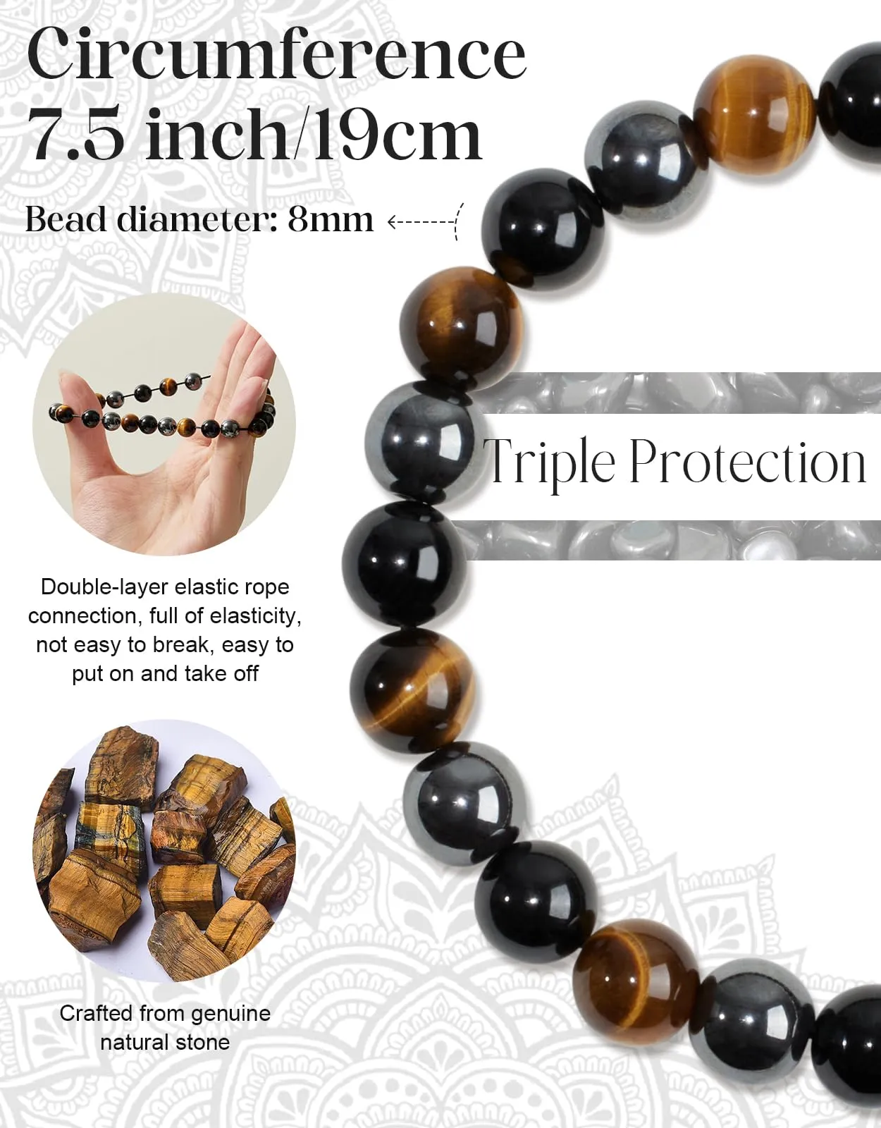 Landorilo Bracciale in Pietre Naturali Tormalina, Occhio di Tigre e Ametista per Donna - immagine 4