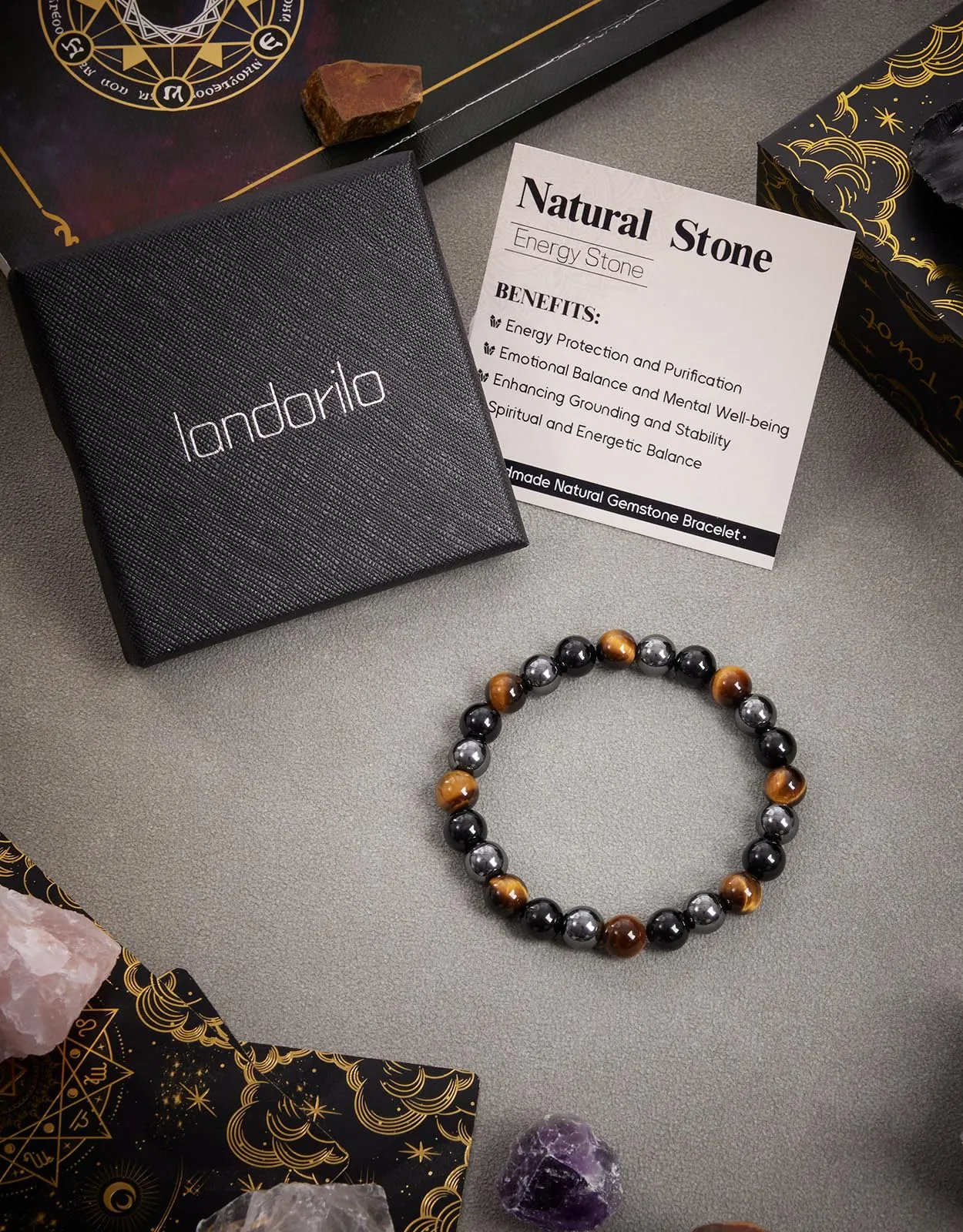 Landorilo Bracciale in Pietre Naturali Tormalina, Occhio di Tigre e Ametista per Donna - immagine 5