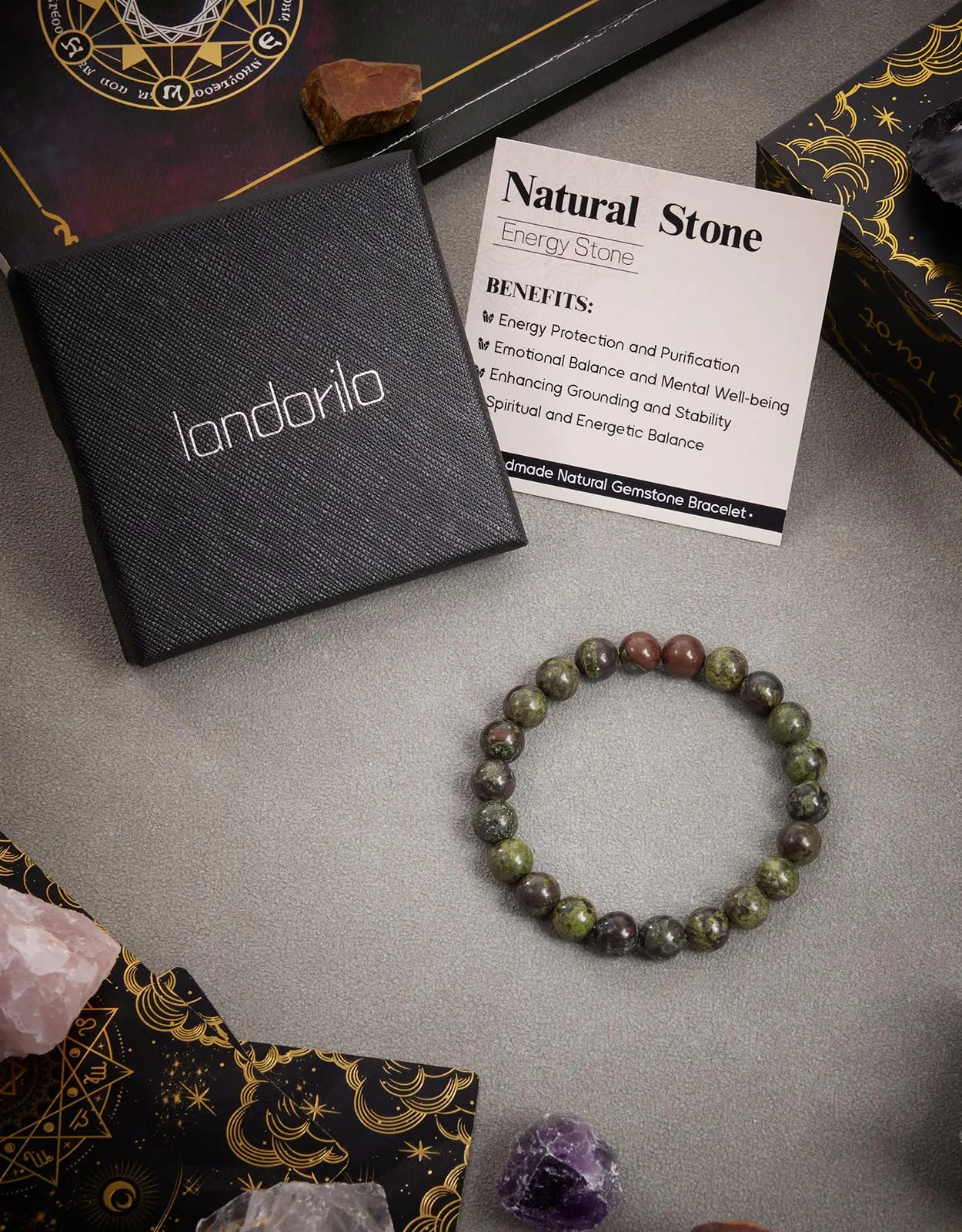 Landorilo Bracciale in Pietre Naturali Jaspe Sangre Dragón per Donna e Uomo - immagine 5