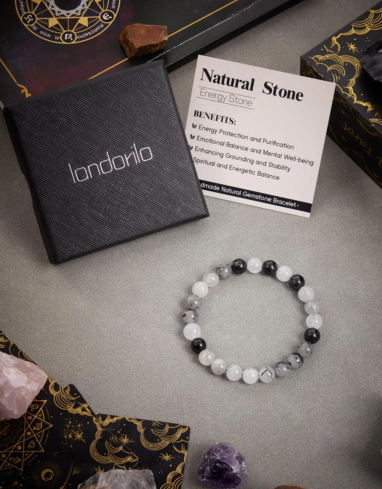 Landorilo Bracciale in Pietre Naturali Quarzo Tormalino per Donna e Uomo - immagine 5