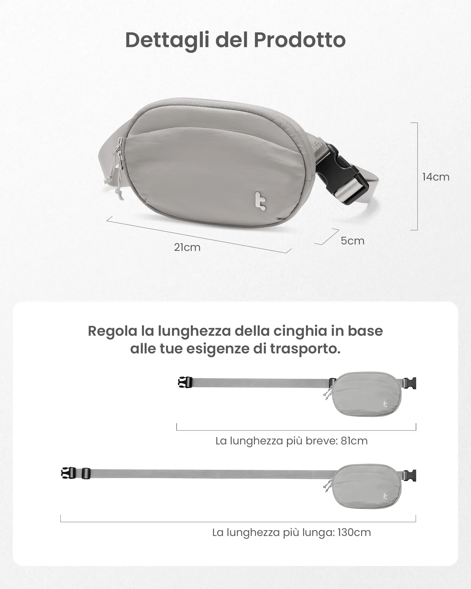 tomtoc Marsupio da Donna con Protezione RFID, 1,5 L, Grigio - immagine 7