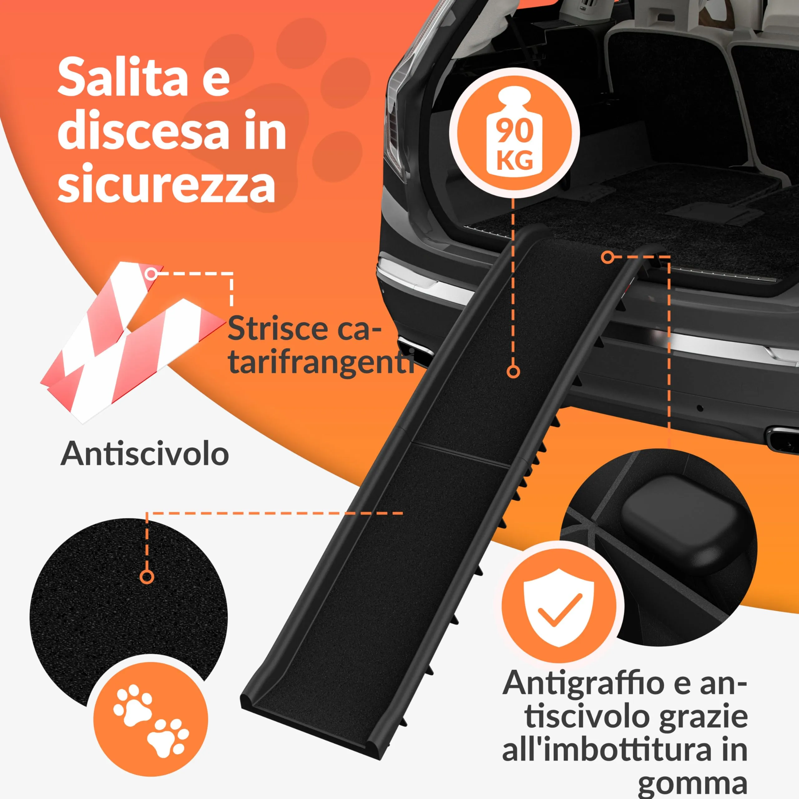 Cadoca Rampa per Cani Auto Pieghevole Antiscivolo 156x40cm Capacità 90kg - immagine 2