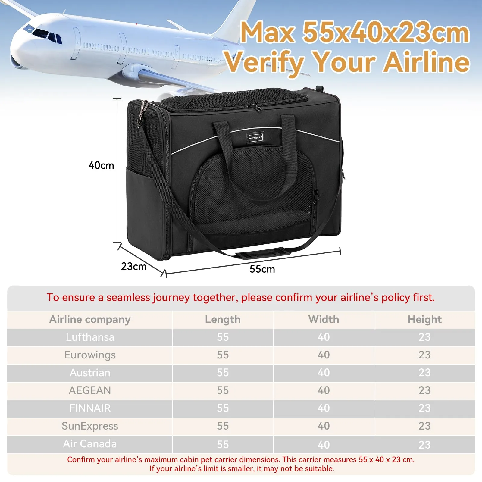 Petsfit Borsa Trasportino per Cani e Gatti da Aereo, 55 x 40 x 23 cm - immagine 3