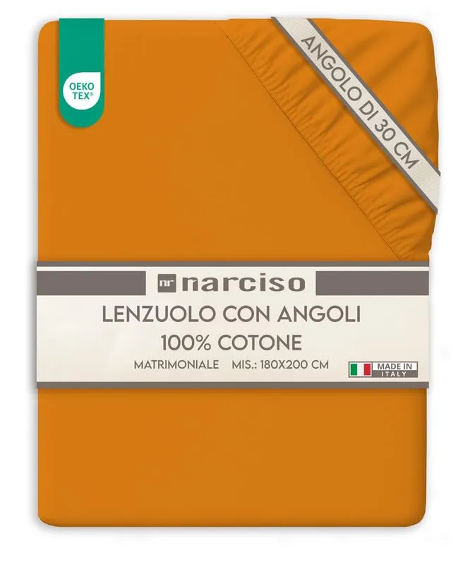 NARCISO Lenzuolo con Angoli Matrimoniale 100% Cotone, 180x200+30 cm, Arancio - immagine 1
