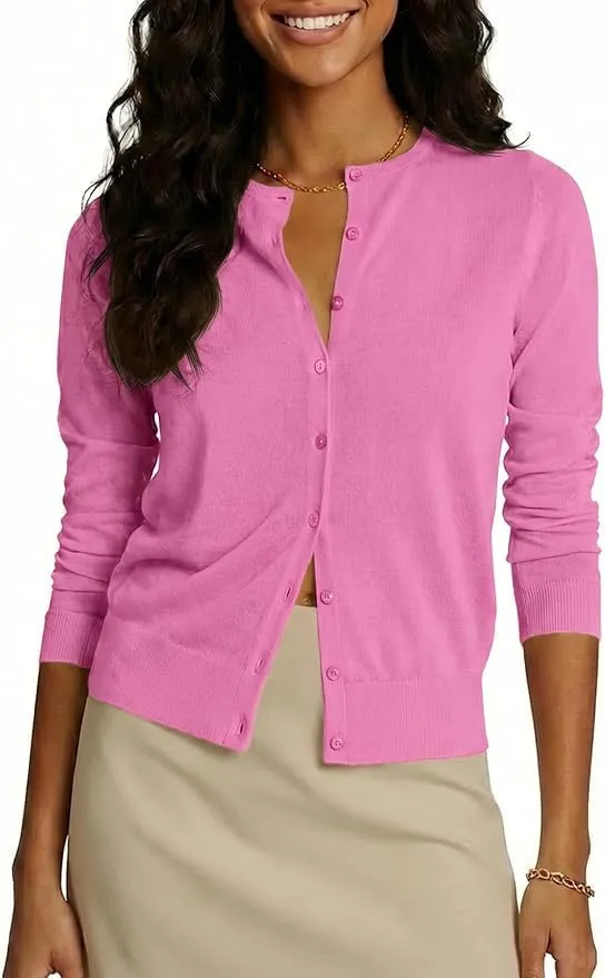 Saodimallsu Cardigan Leggero da Donna a Maniche Lunghe con Bottoni, Rosa, S - immagine 1