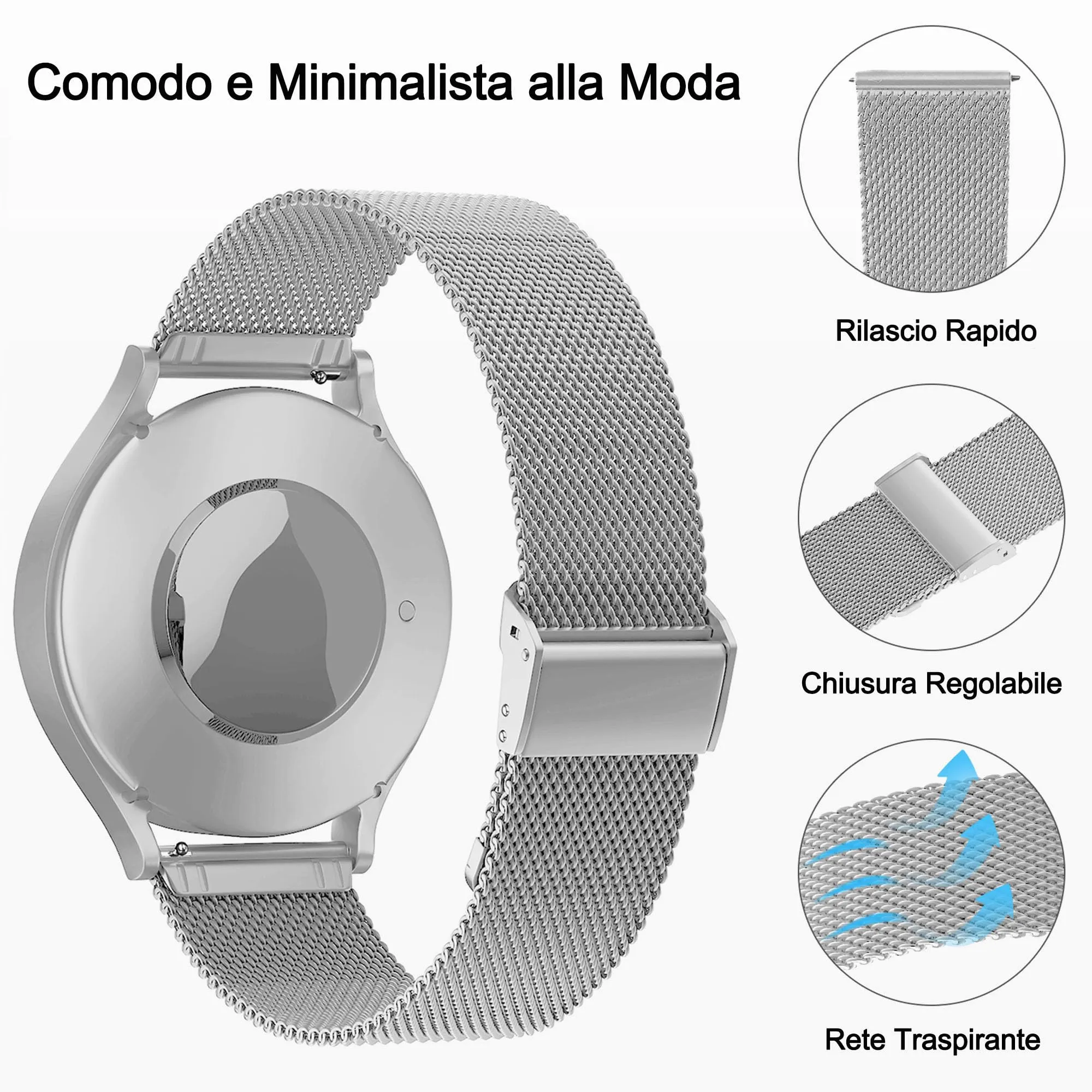AidorMax Cinturino 22 mm in Acciaio Inossidabile a Maglia, Argento - immagine 4